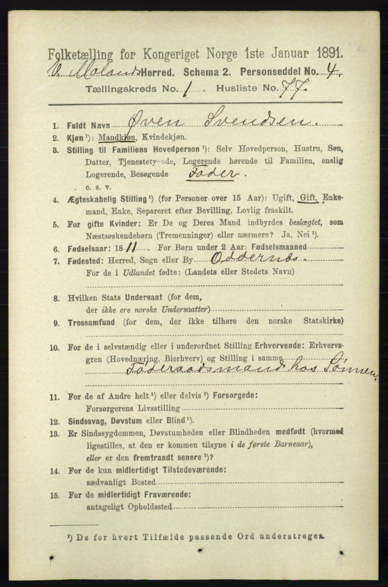 RA, 1891 census for 0926 Vestre Moland, 1891, p. 537