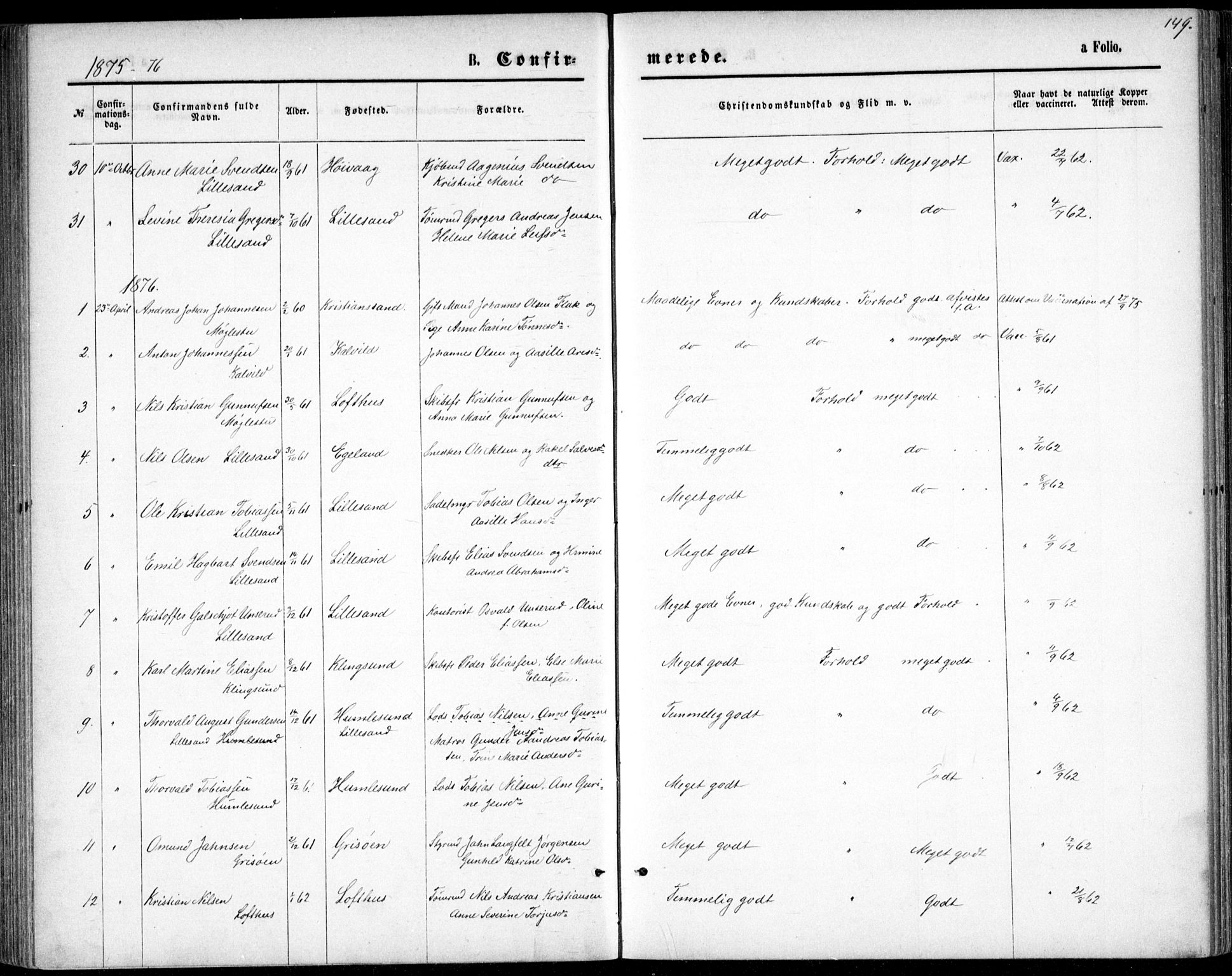 Vestre Moland sokneprestkontor, SAK/1111-0046/F/Fb/Fbb/L0005: Parish register (copy) no. B 5, 1872-1883, p. 149