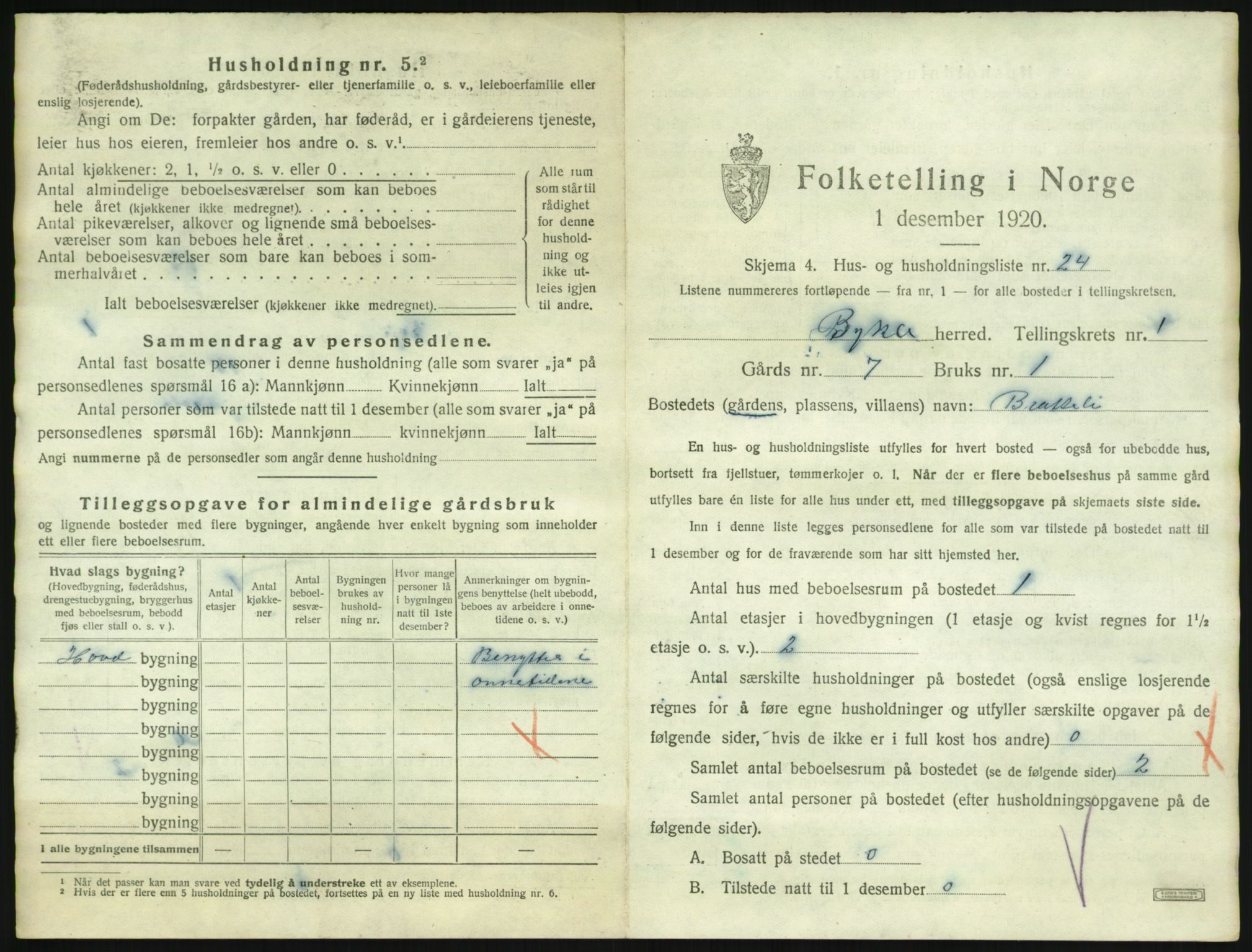 SAK, 1920 census for Bykle, 1920, p. 67