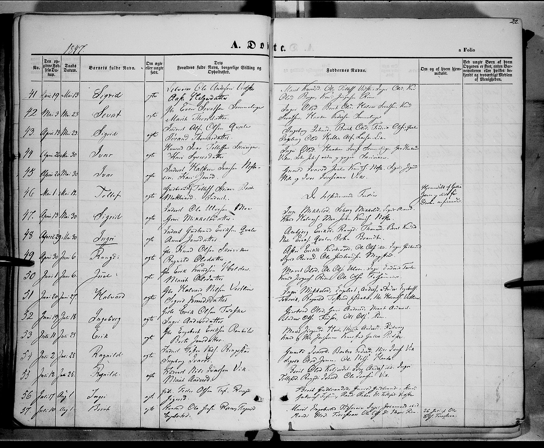 Vestre Slidre prestekontor, AV/SAH-PREST-136/H/Ha/Haa/L0001: Parish register (official) no. 1, 1844-1855, p. 22