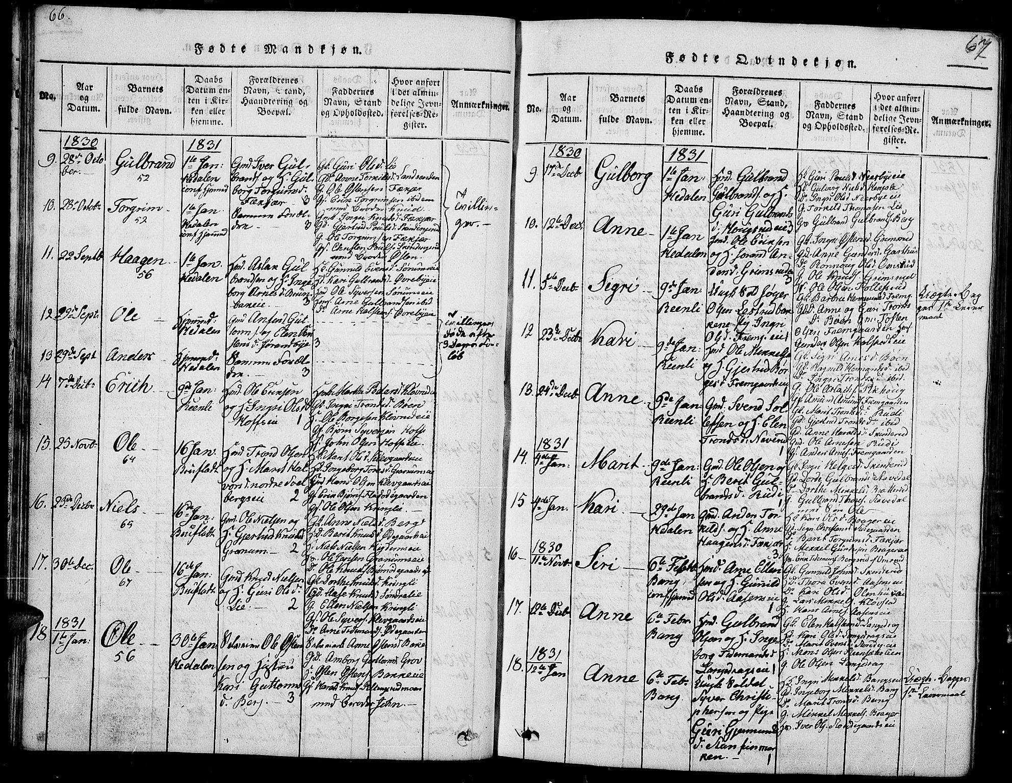 Sør-Aurdal prestekontor, SAH/PREST-128/H/Ha/Hab/L0002: Parish register (copy) no. 2, 1826-1840, p. 66-67
