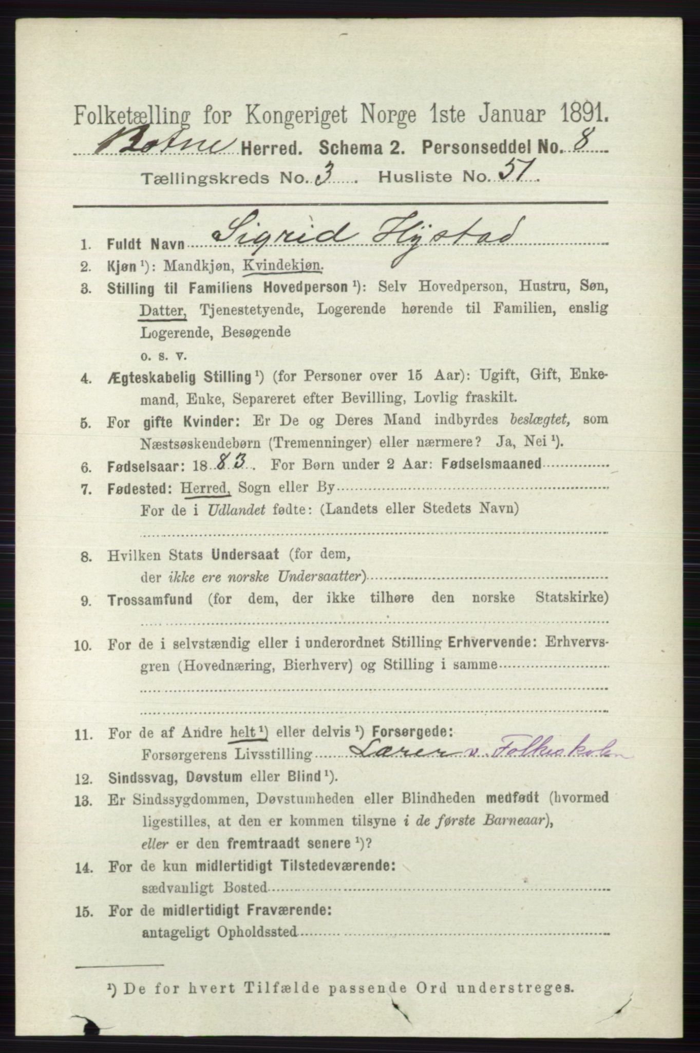 RA, 1891 census for 0715 Botne, 1891, p. 1537