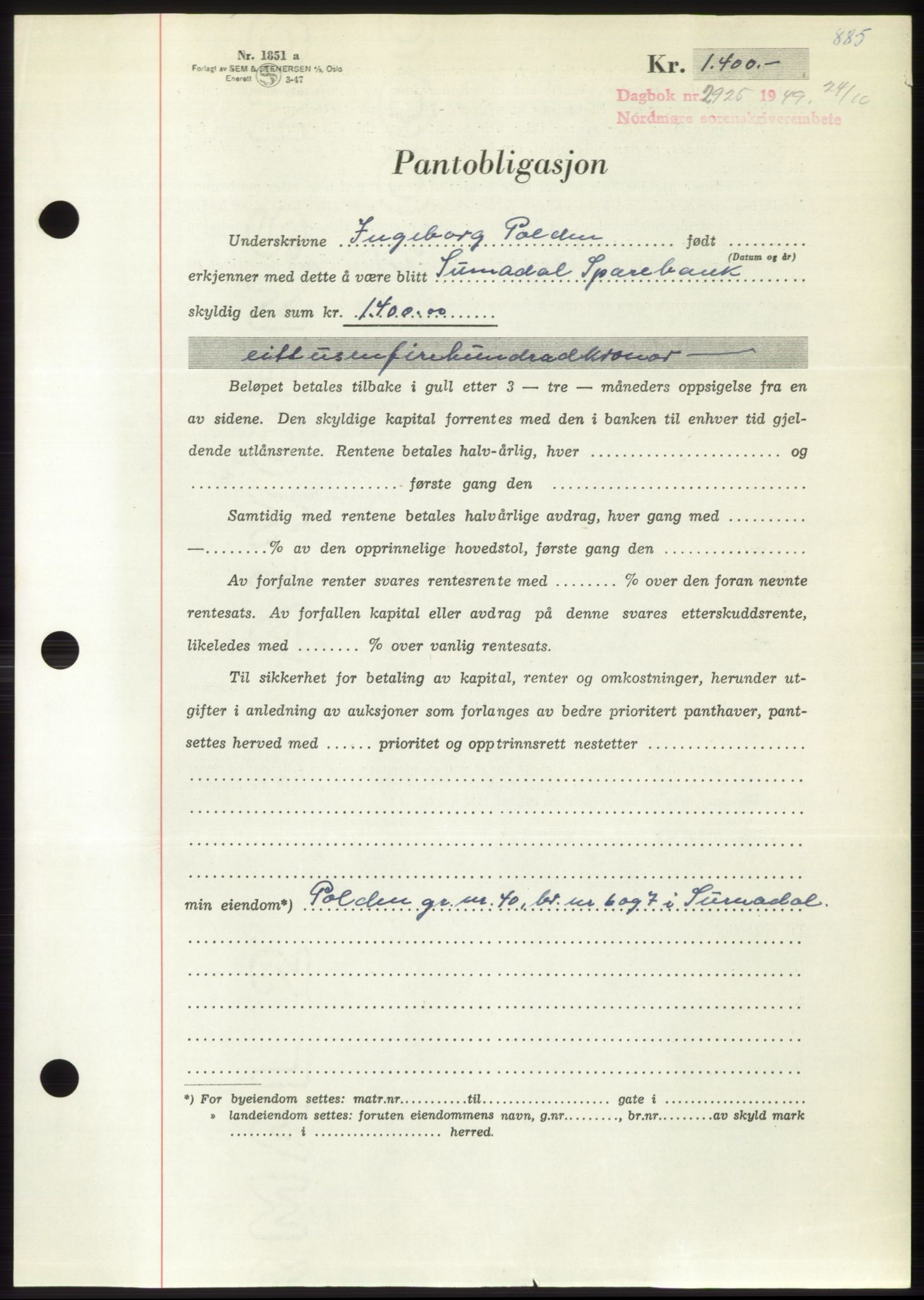 Nordmøre sorenskriveri, AV/SAT-A-4132/1/2/2Ca: Mortgage book no. B102, 1949-1949, Diary no: : 2925/1949