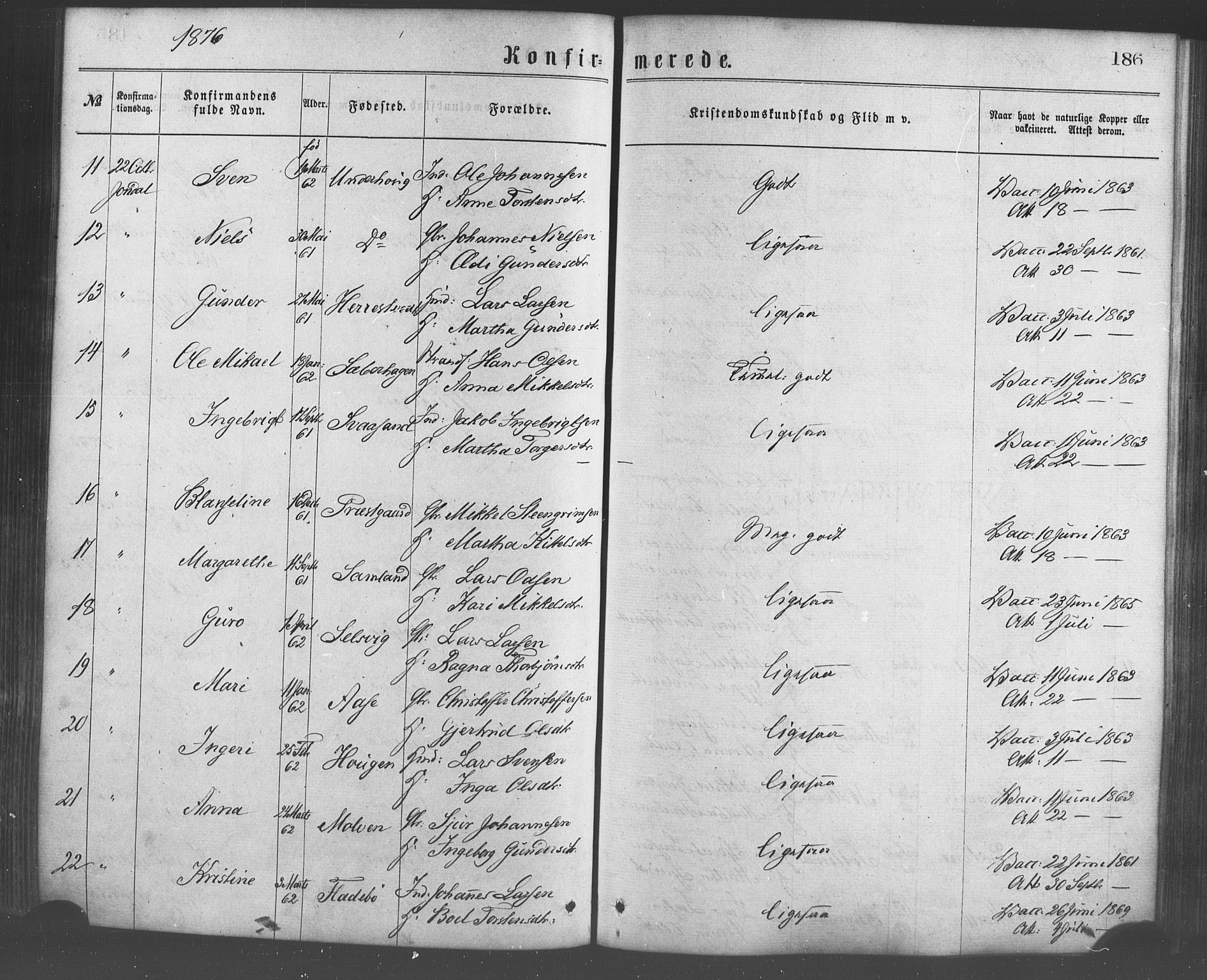 Strandebarm sokneprestembete, AV/SAB-A-78401/H/Haa: Parish register (official) no. A 9, 1872-1886, p. 186