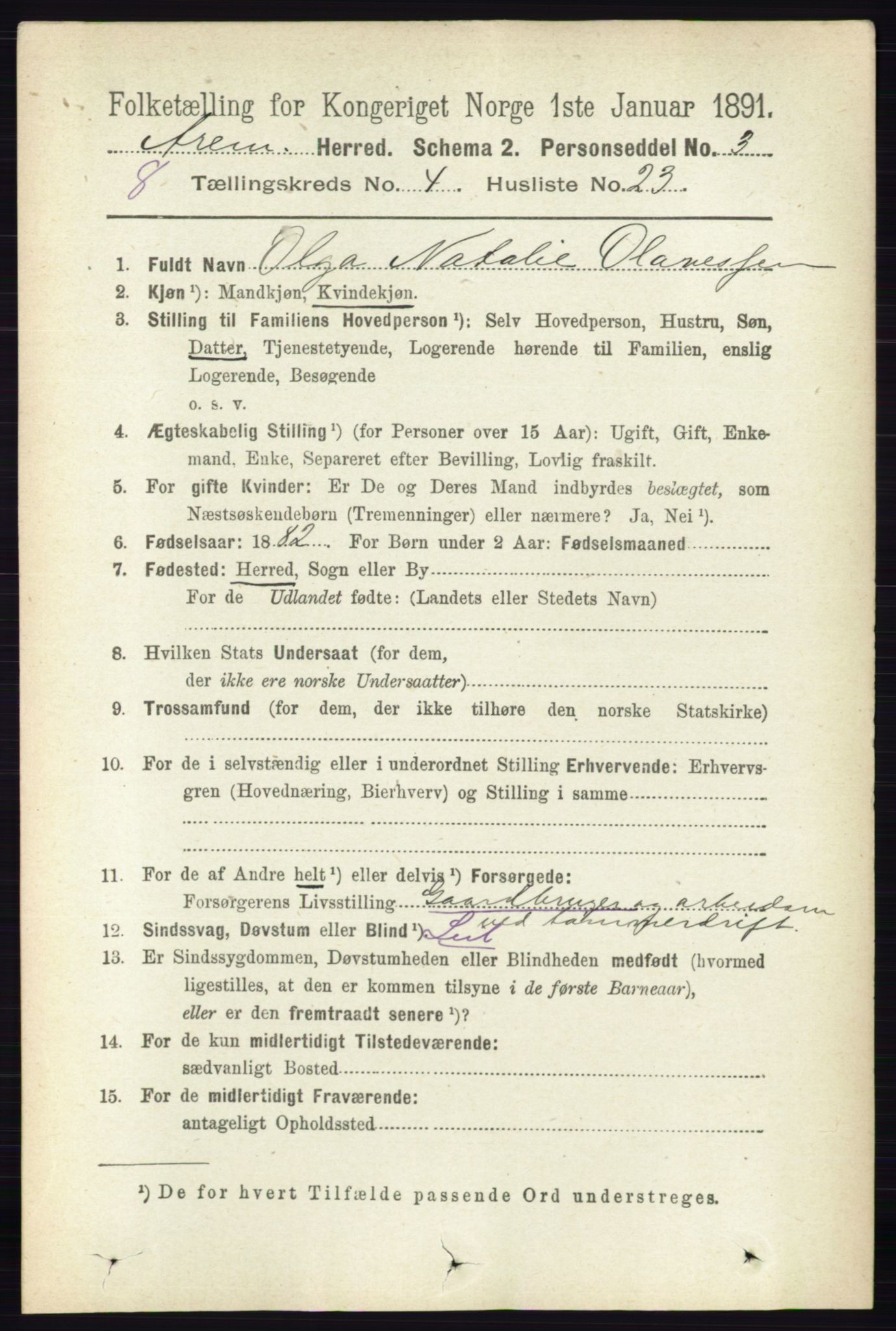 RA, 1891 census for 0118 Aremark, 1891, p. 2069