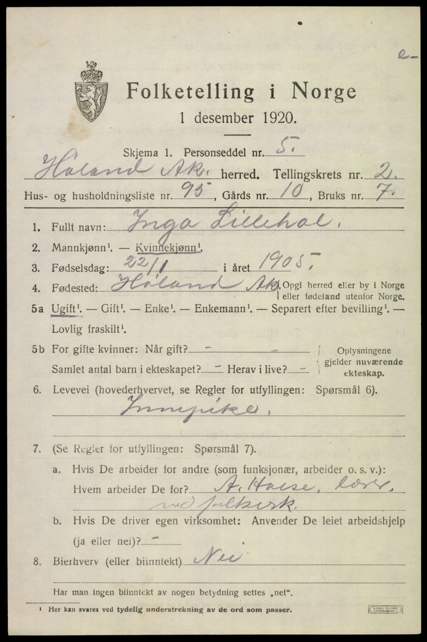 SAO, 1920 census for Høland, 1920, p. 5051