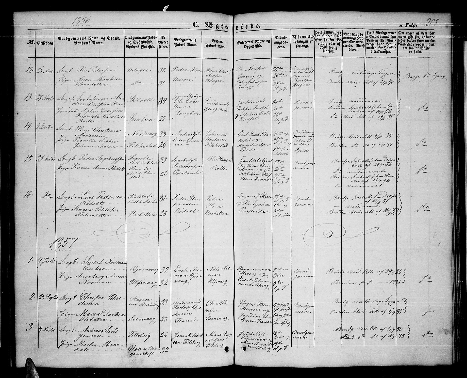 Ministerialprotokoller, klokkerbøker og fødselsregistre - Nordland, AV/SAT-A-1459/859/L0857: Parish register (copy) no. 859C03, 1854-1873, p. 208