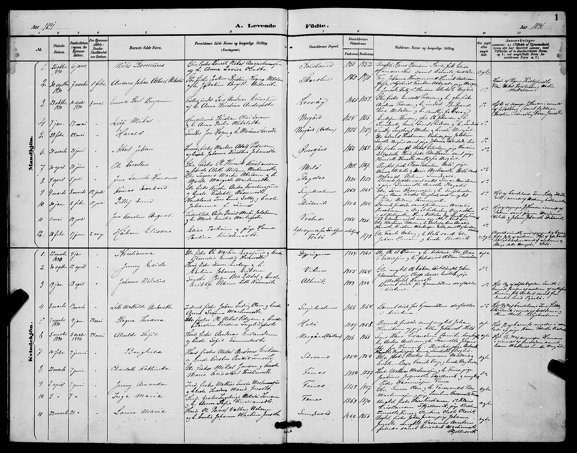 Sand/Bjarkøy sokneprestkontor, AV/SATØ-S-0811/I/Ia/Iab/L0003klokker: Parish register (copy) no. 3, 1891-1904, p. 1