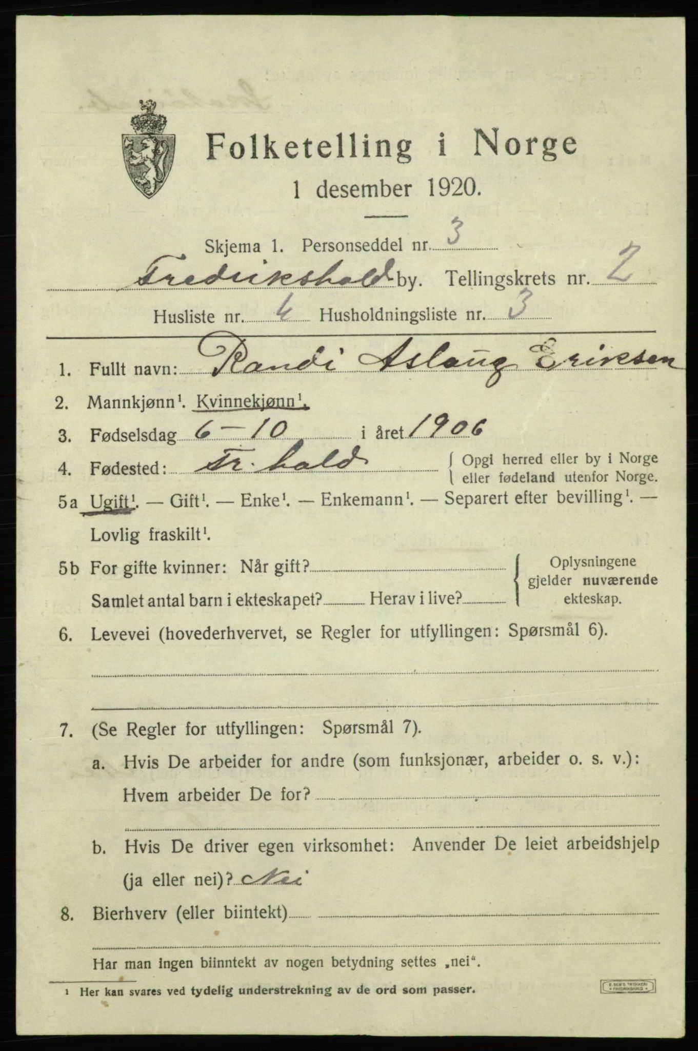 SAO, 1920 census for Fredrikshald, 1920, p. 9352