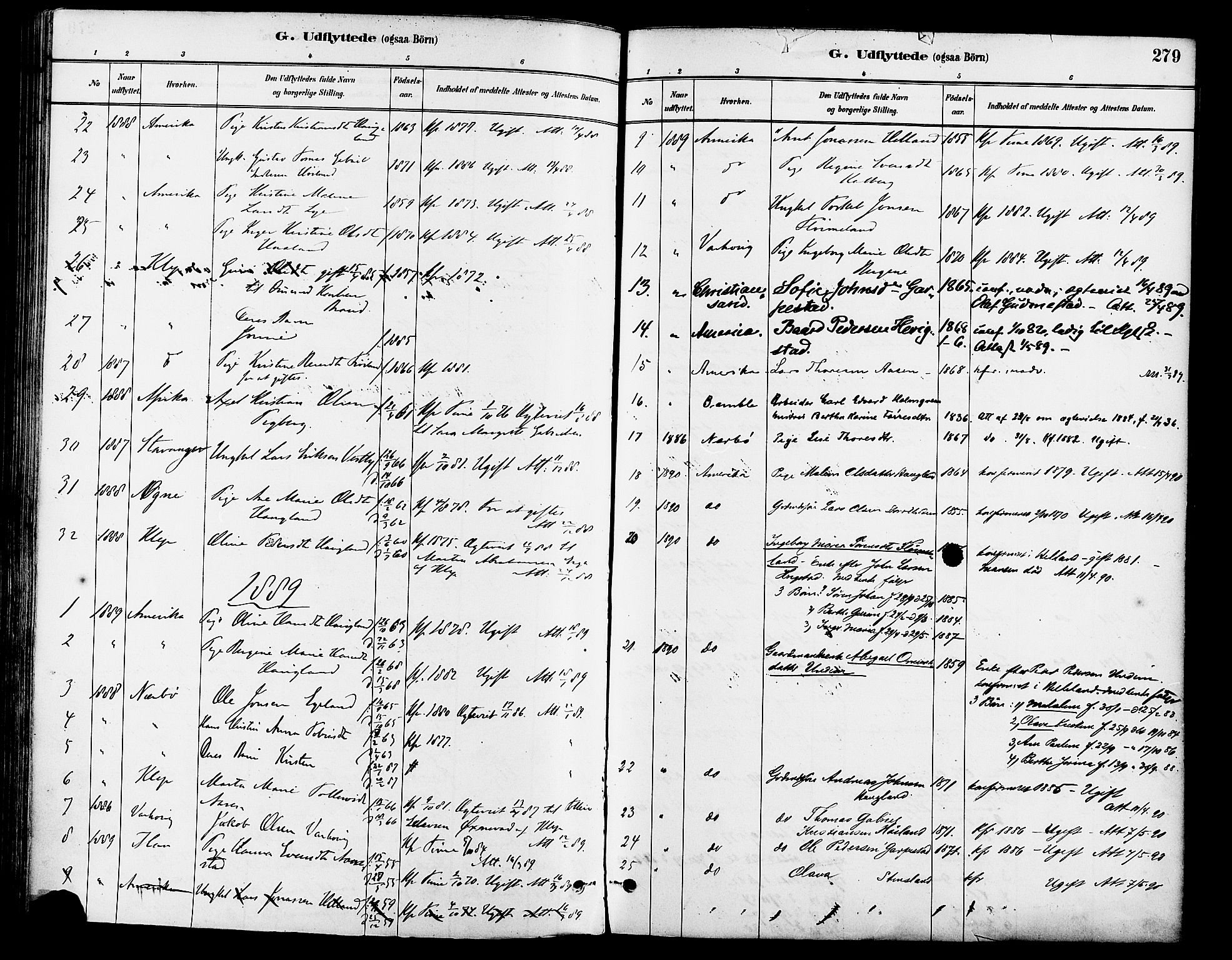 Lye sokneprestkontor, SAST/A-101794/001/30BA/L0009: Parish register (official) no. A 8, 1881-1892, p. 279