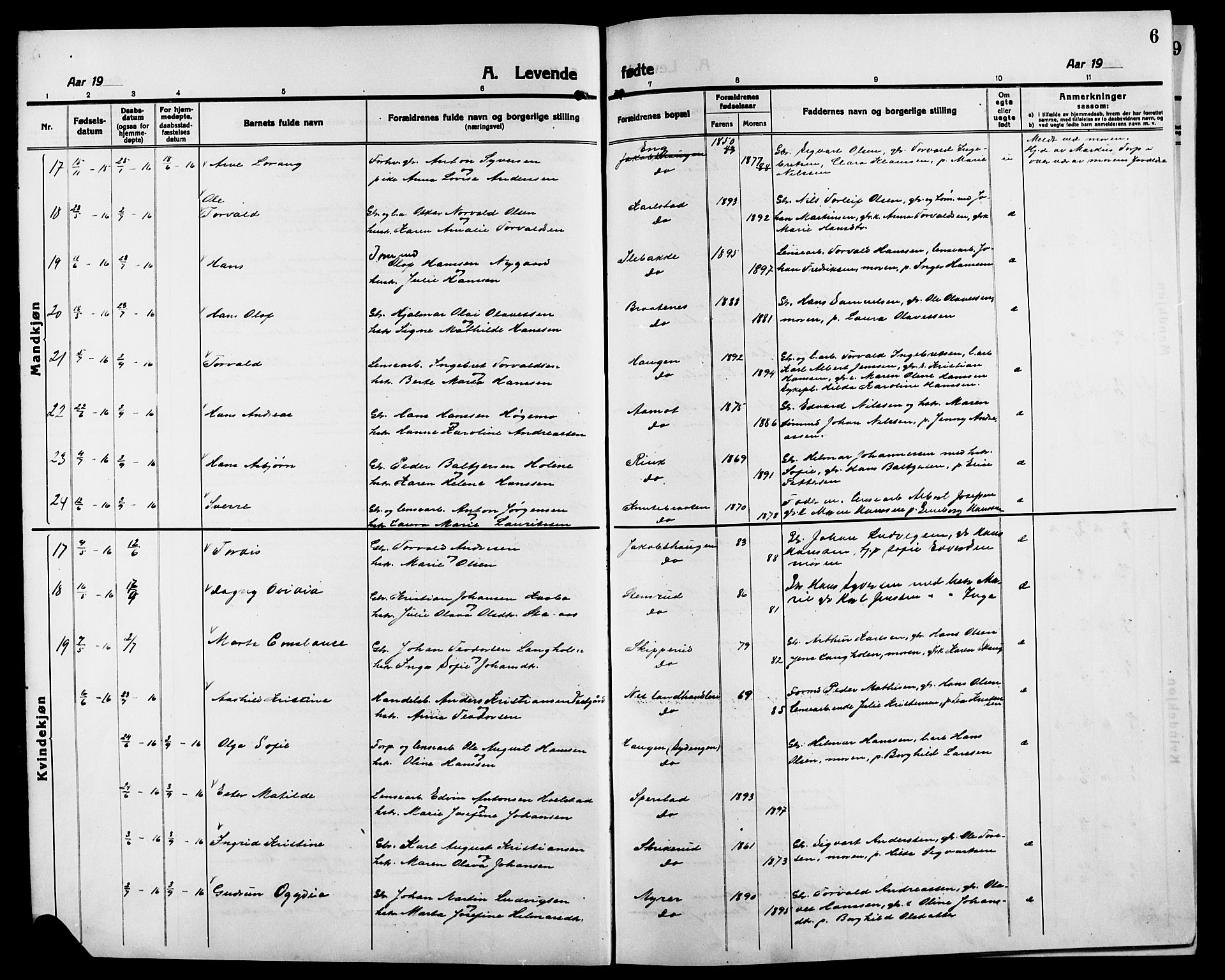 Skiptvet prestekontor Kirkebøker, AV/SAO-A-20009/G/Ga/L0003: Parish register (copy) no. 3, 1916-1924, p. 6