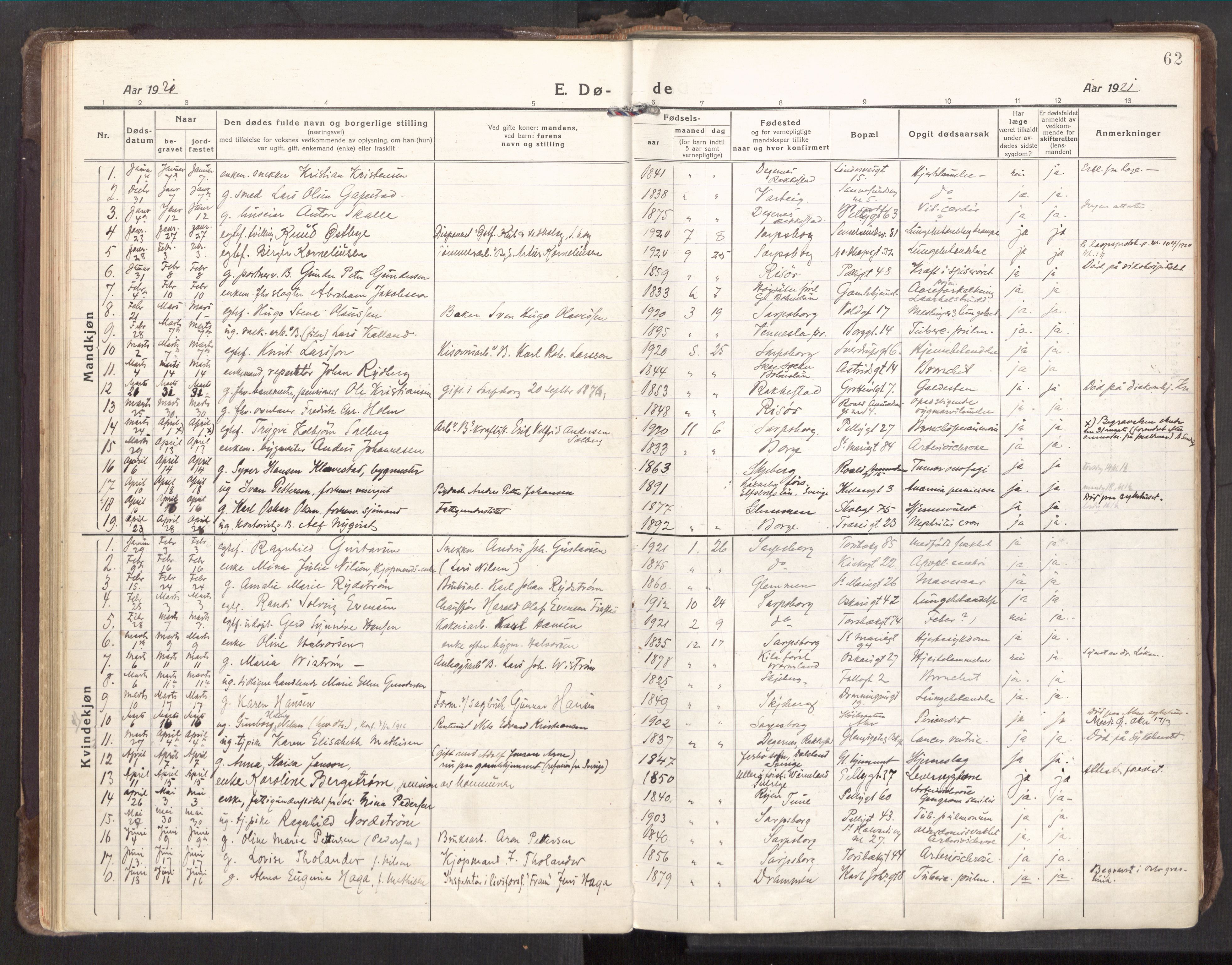 Sarpsborg prestekontor Kirkebøker, AV/SAO-A-2006/F/Fa/L0009: Parish register (official) no. 9, 1919-1931, p. 62