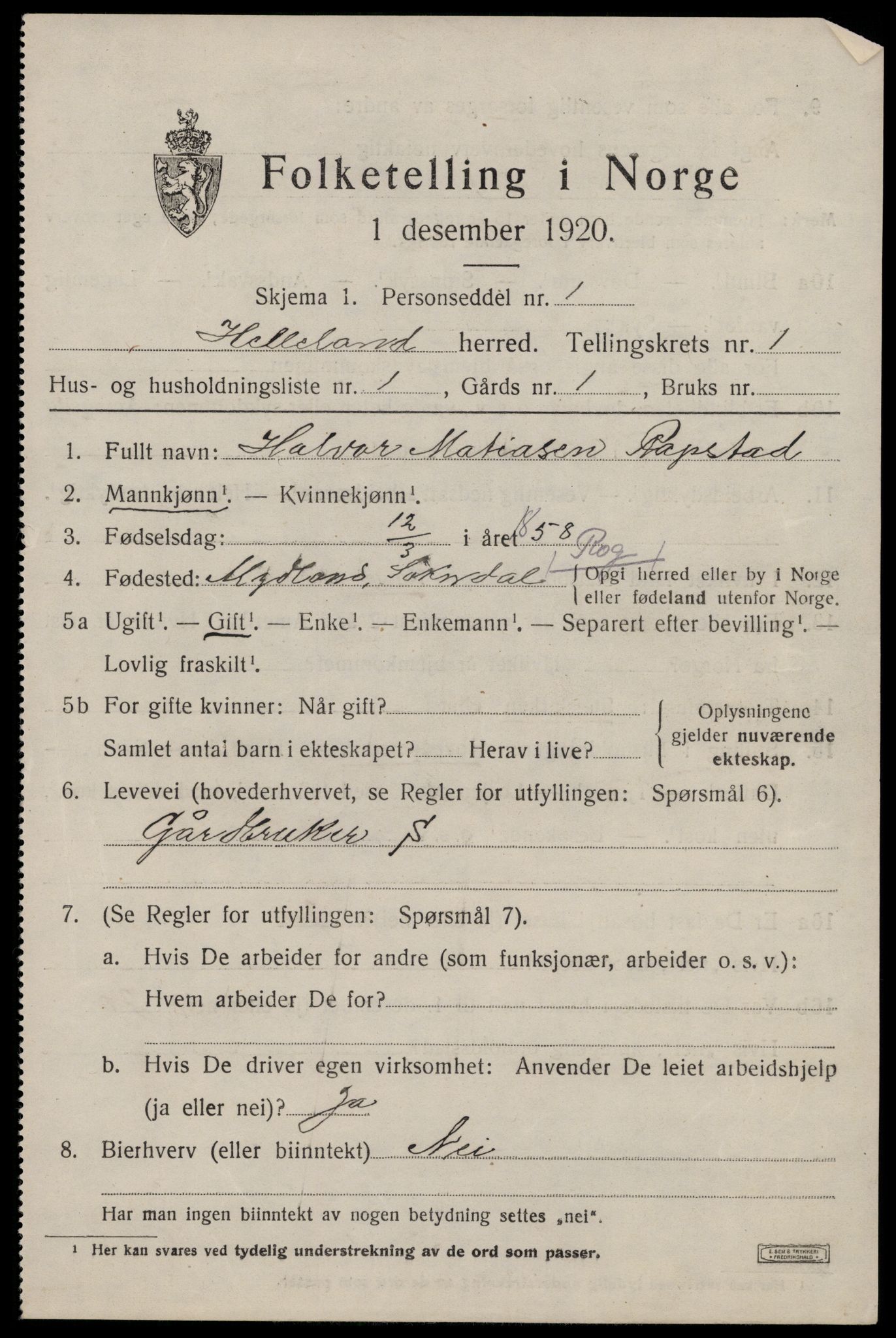 SAST, 1920 census for Helleland, 1920, p. 415