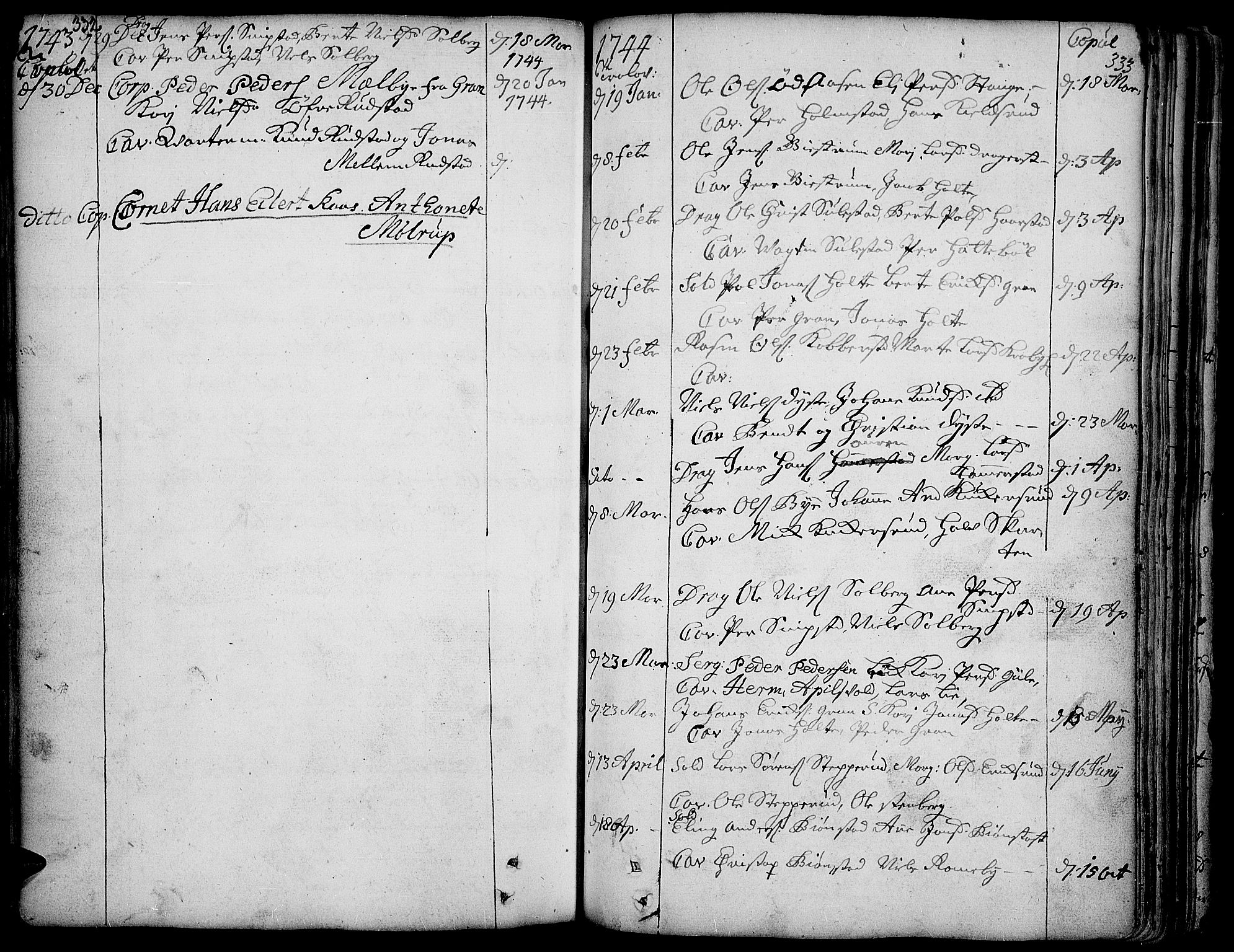 Toten prestekontor, SAH/PREST-102/H/Ha/Haa/L0003: Parish register (official) no. 3, 1734-1751, p. 332-333
