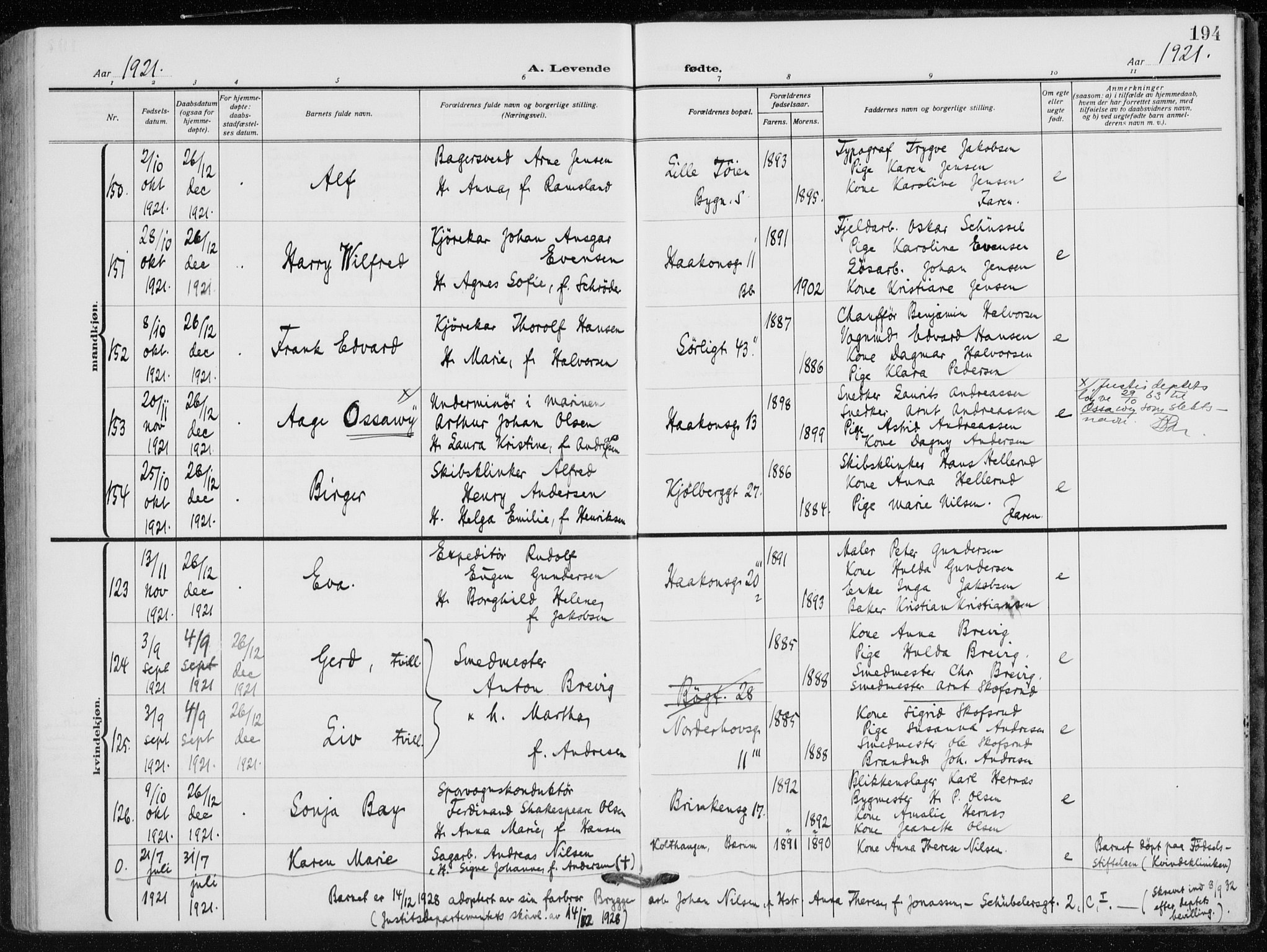 Kampen prestekontor Kirkebøker, AV/SAO-A-10853/F/Fa/L0012: Parish register (official) no. I 12, 1916-1921, p. 194