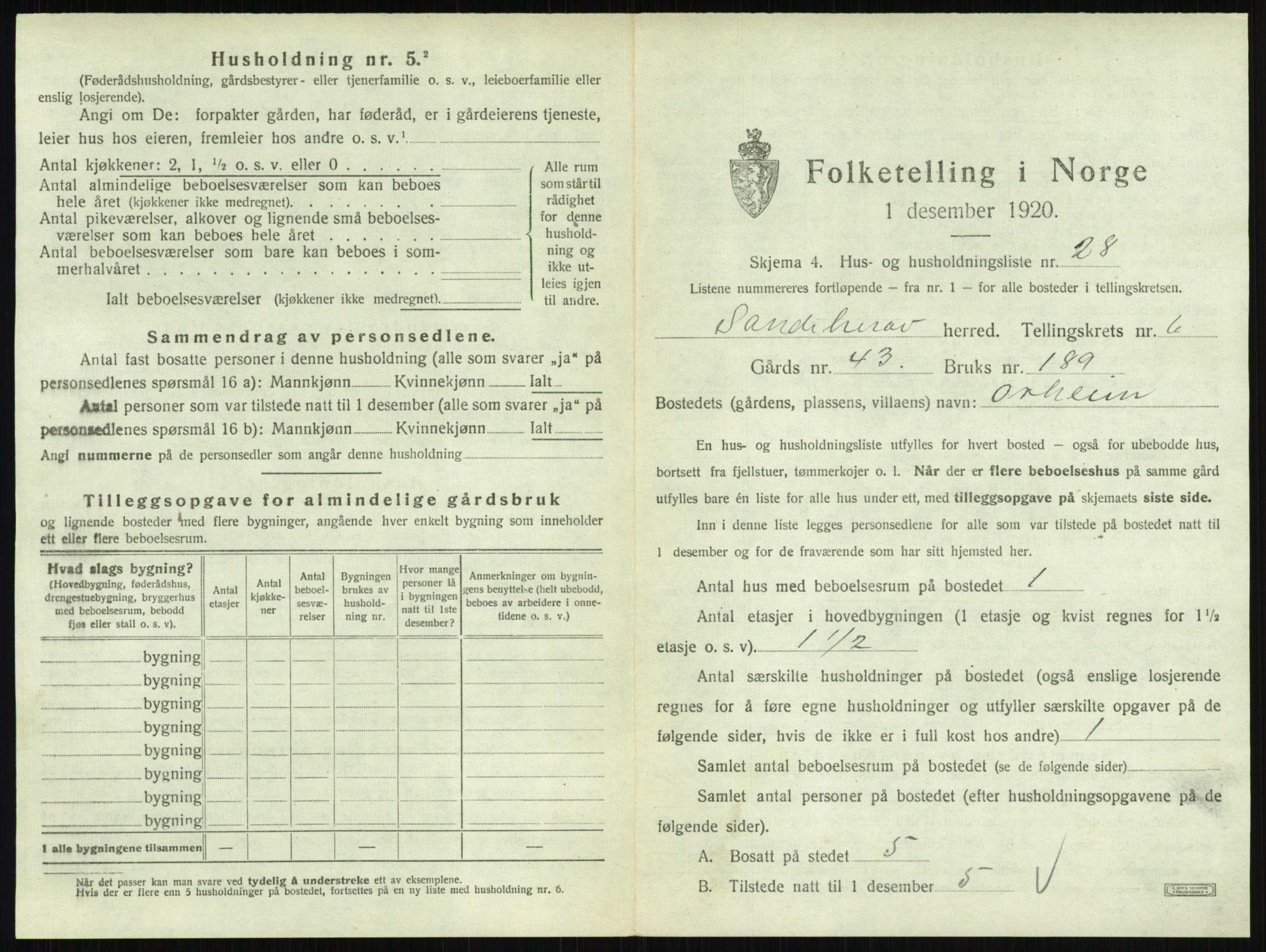 SAKO, 1920 census for Sandeherred, 1920, p. 1168