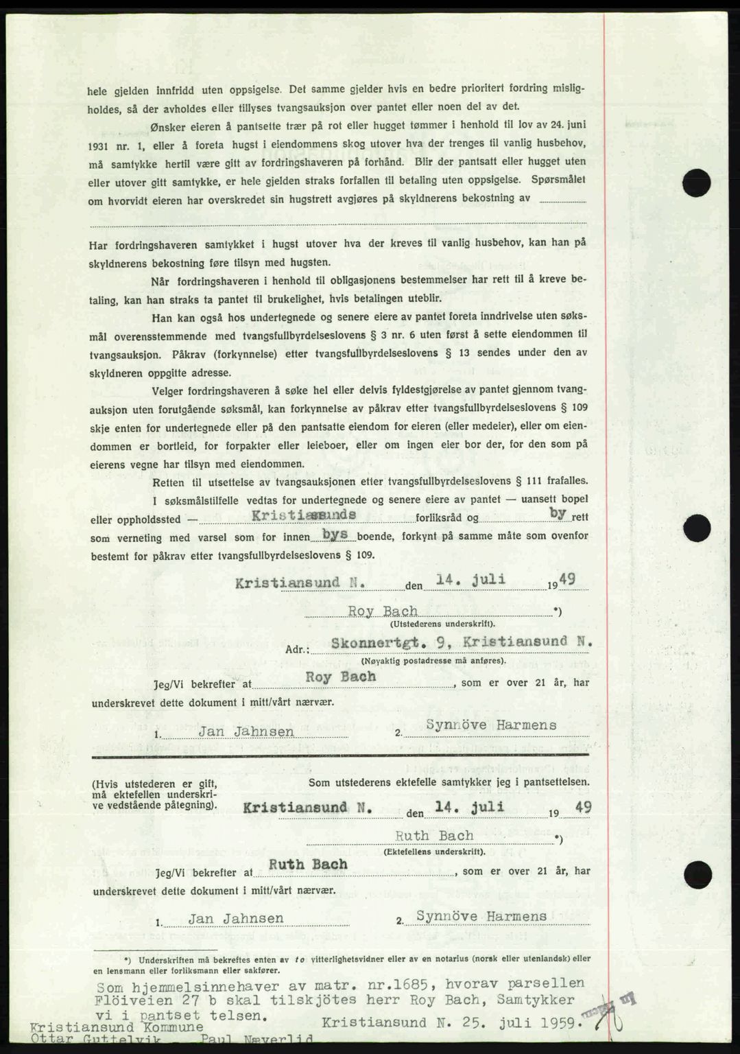 Kristiansund byfogd, AV/SAT-A-4587/A/27: Mortgage book no. 45, 1948-1949, Diary no: : 1238/1949