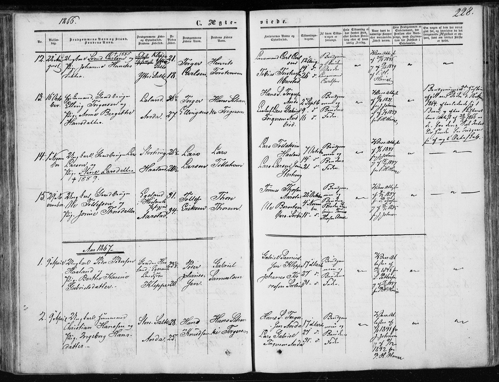 Klepp sokneprestkontor, SAST/A-101803/001/3/30BA/L0005: Parish register (official) no. A 5, 1853-1870, p. 228