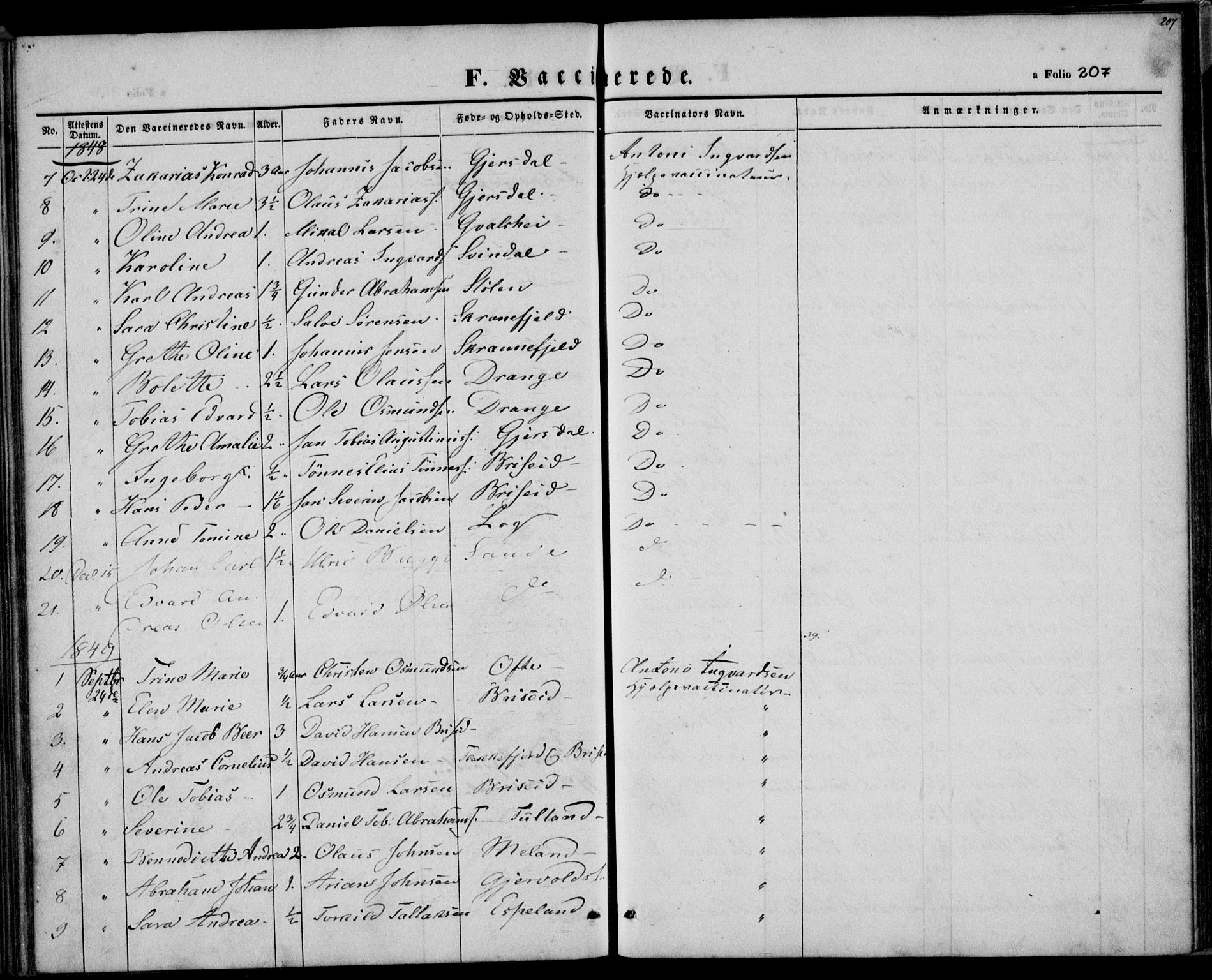 Herad sokneprestkontor, SAK/1111-0018/F/Fa/Faa/L0004: Parish register (official) no. A 4, 1844-1853, p. 207