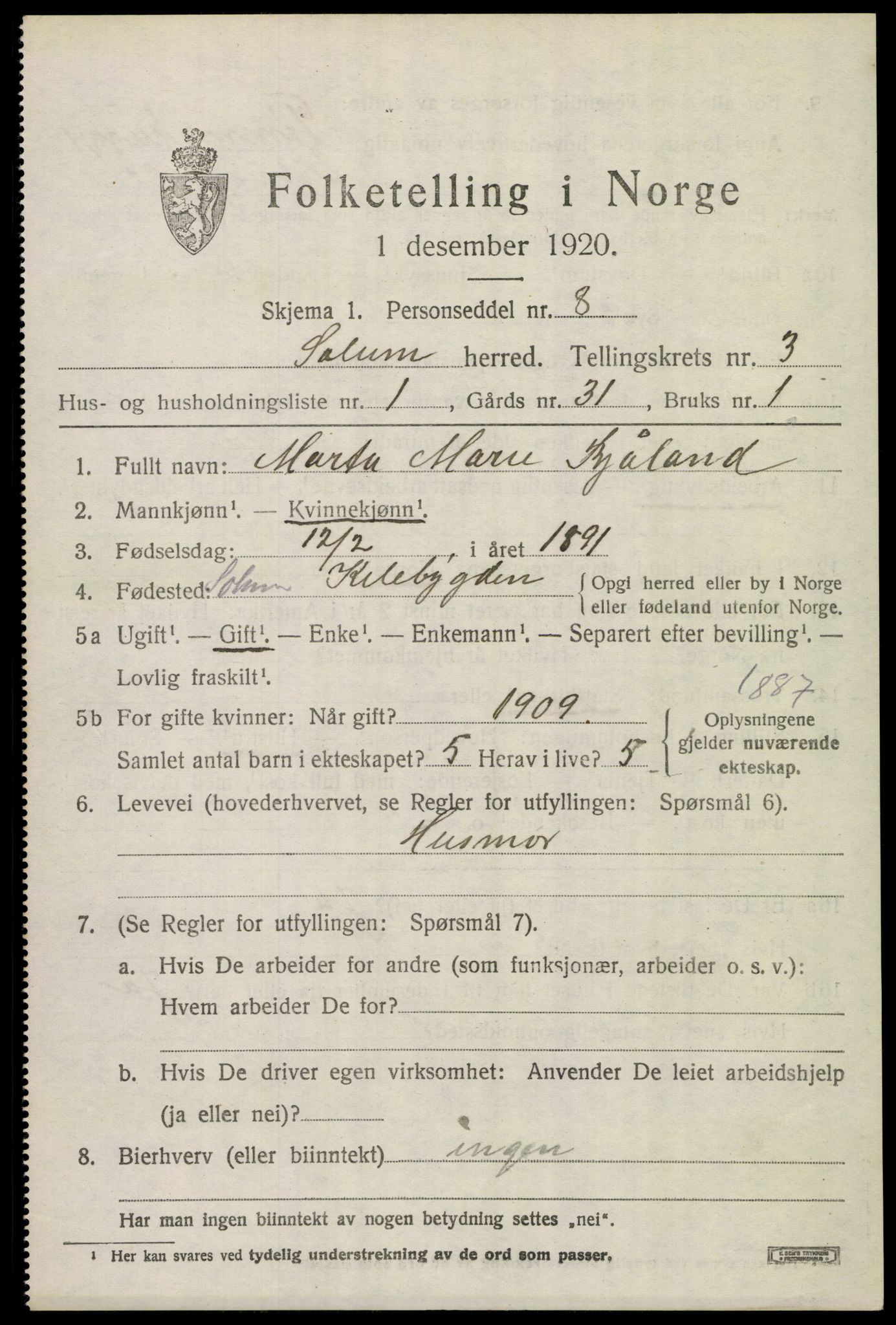 SAKO, 1920 census for Solum, 1920, p. 7692