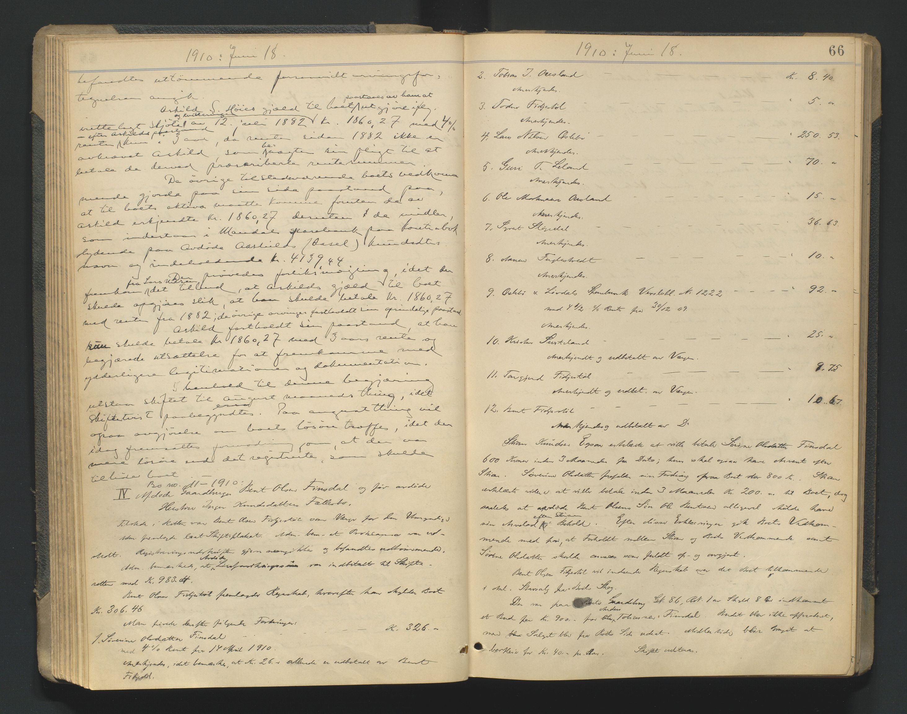 Mandal sorenskriveri, AV/SAK-1221-0005/001/H/Hc/L0081: Skifteforhandlingsprotokoll nr 13, 1909-1913, p. 66
