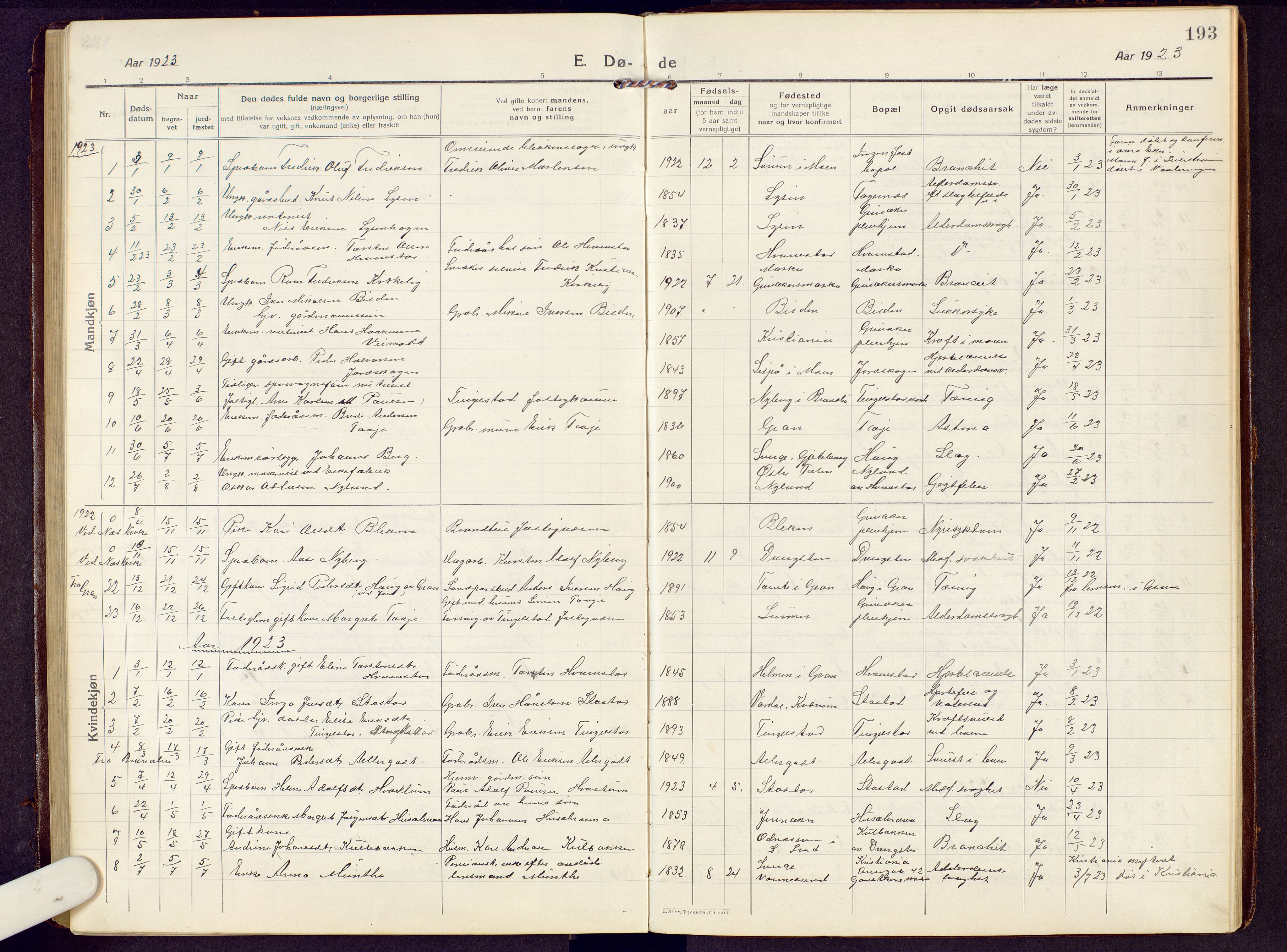 Brandbu prestekontor, AV/SAH-PREST-114/H/Ha/Hab/L0010: Parish register (copy) no. 10, 1916-1930, p. 193