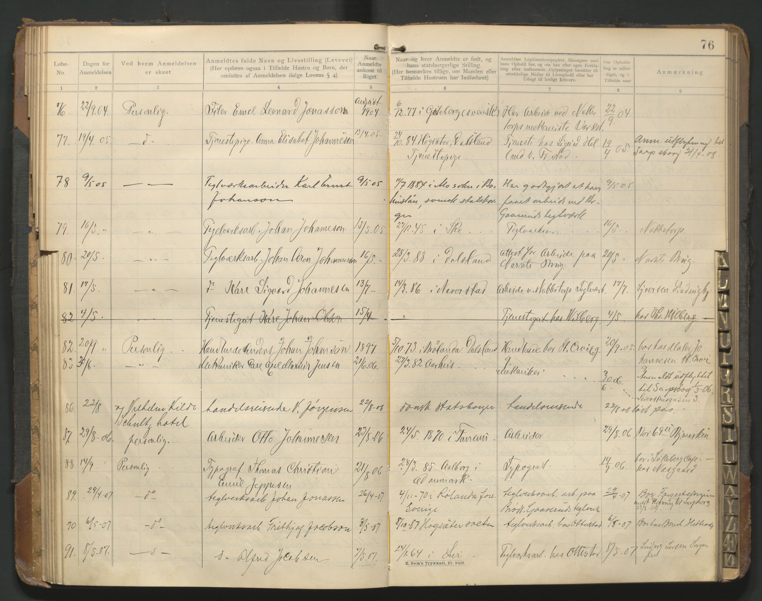 Fredrikstad politikammer, AV/SAO-A-10055/H/Hb/Hba/L0001: Protokoll over fremmede statsborgere, 1901-1916, p. 75b-76a