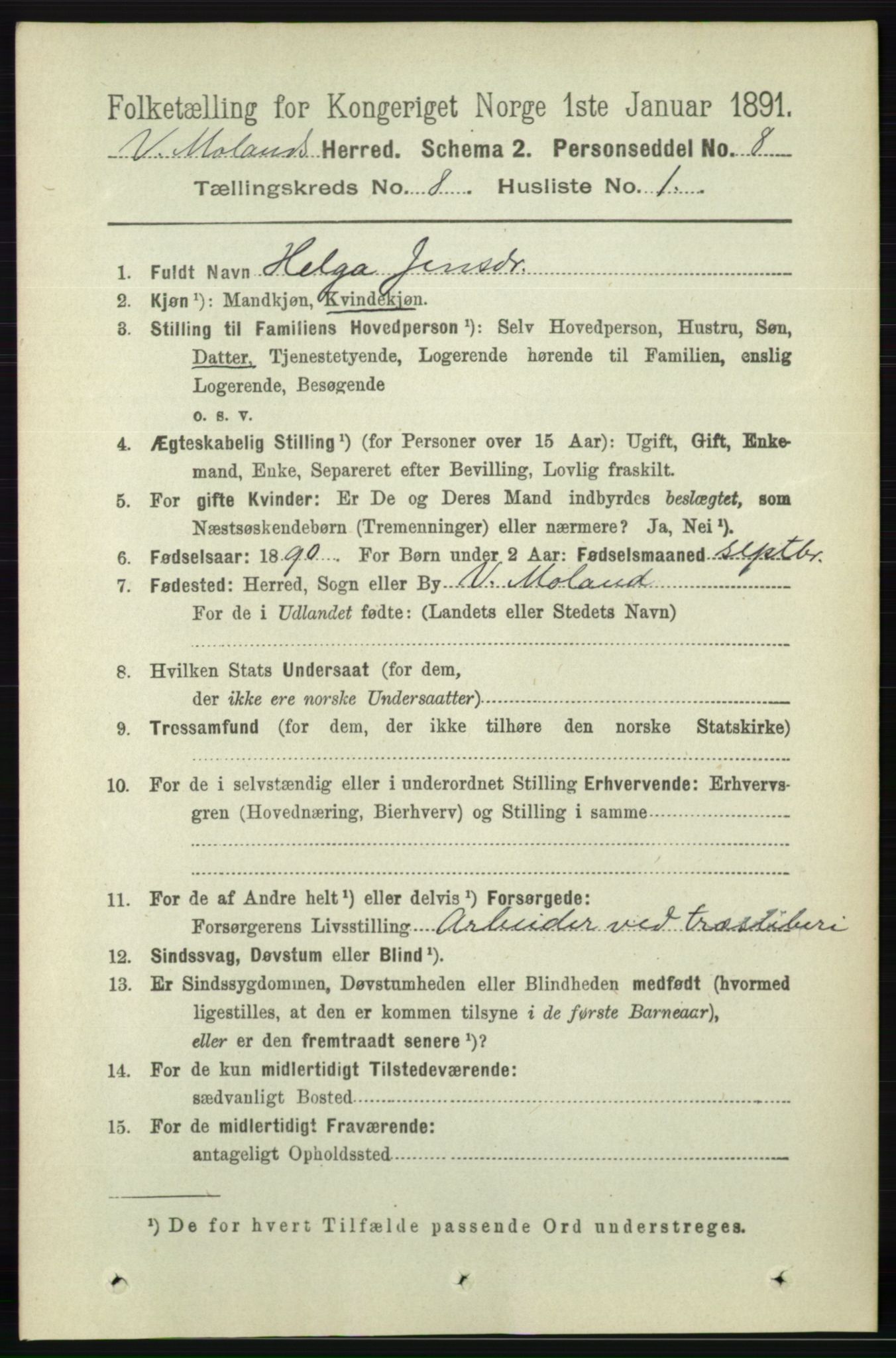 RA, 1891 census for 0926 Vestre Moland, 1891, p. 3005