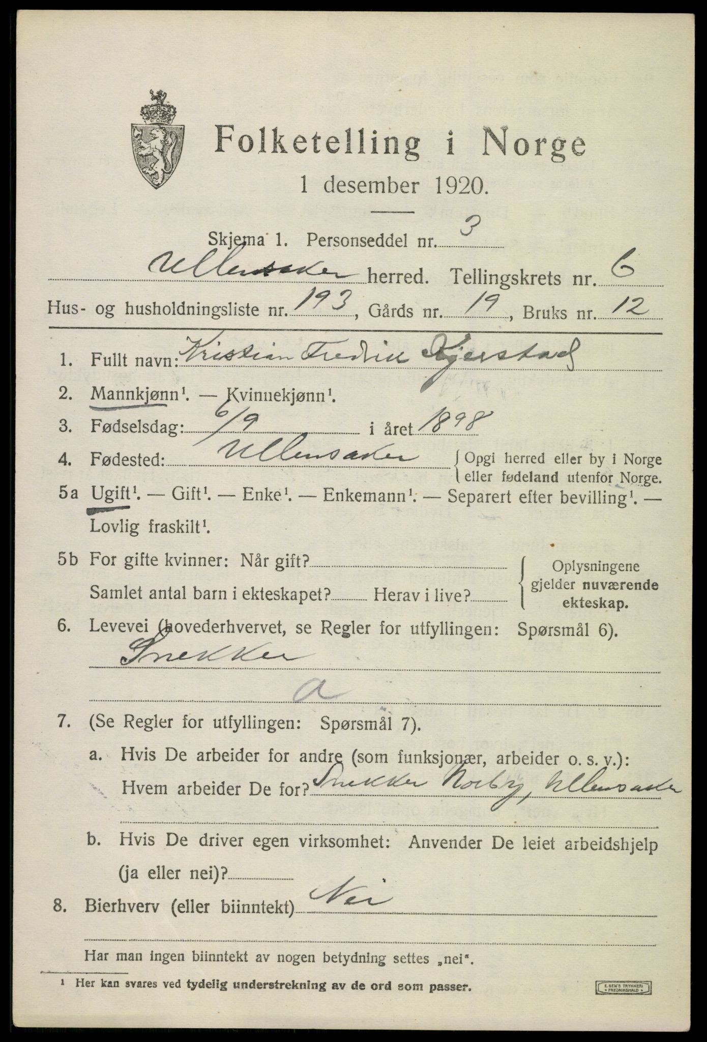 SAO, 1920 census for Ullensaker, 1920, p. 12863