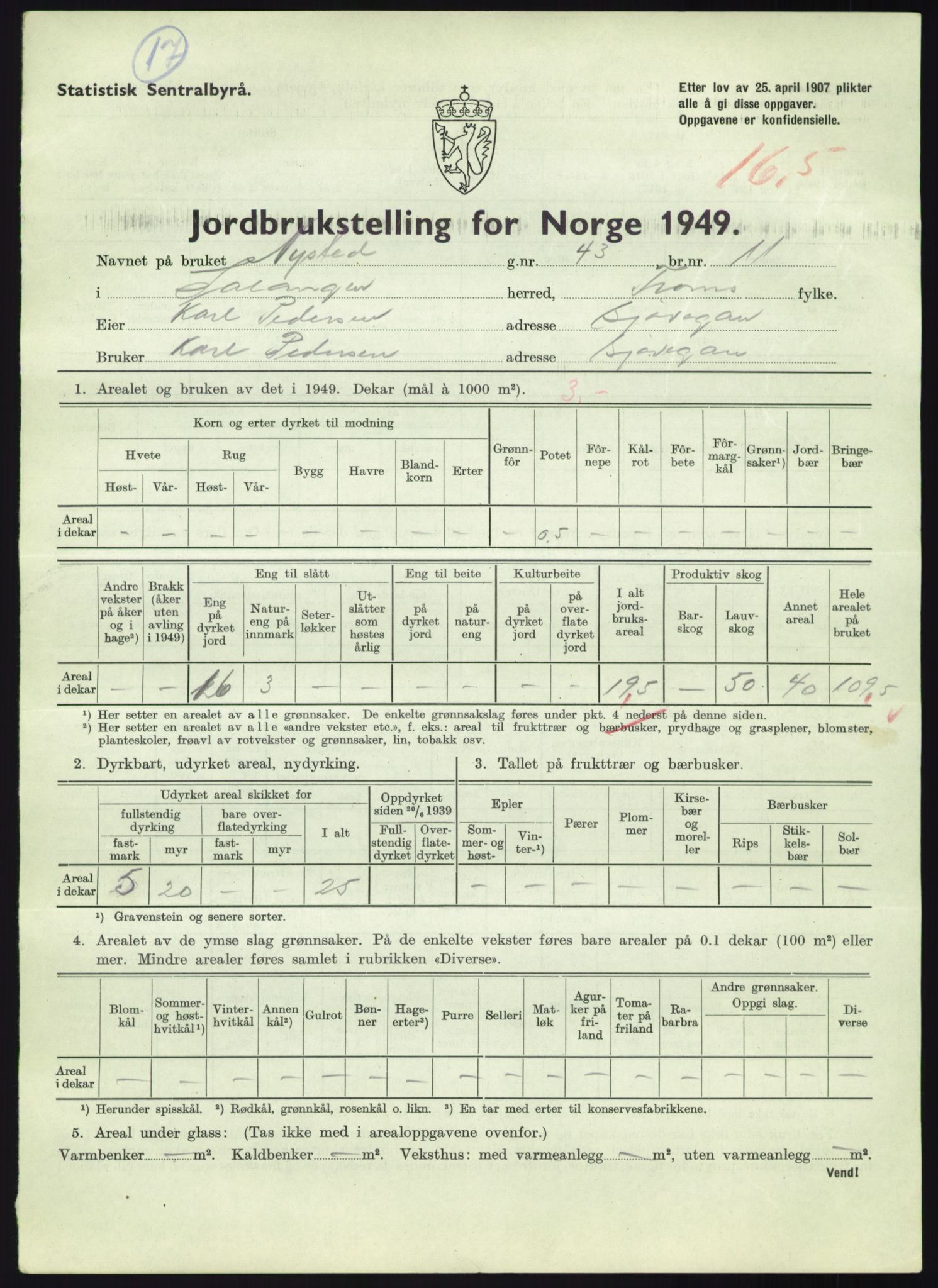 Statistisk sentralbyrå, Næringsøkonomiske emner, Jordbruk, skogbruk, jakt, fiske og fangst, AV/RA-S-2234/G/Gc/L0438: Troms: Salangen og Bardu, 1949, p. 387