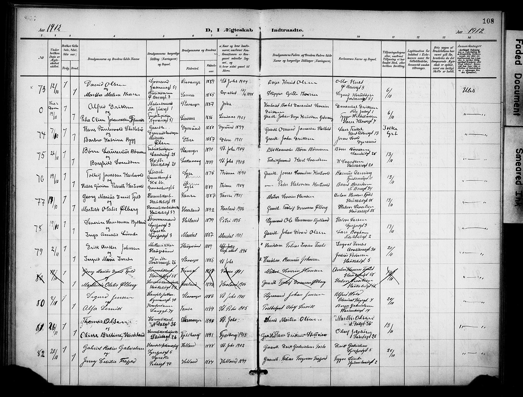 St. Johannes sokneprestkontor, AV/SAST-A-101814/001/30/30BB/L0005: Parish register (copy) no. B 5, 1901-1917, p. 108