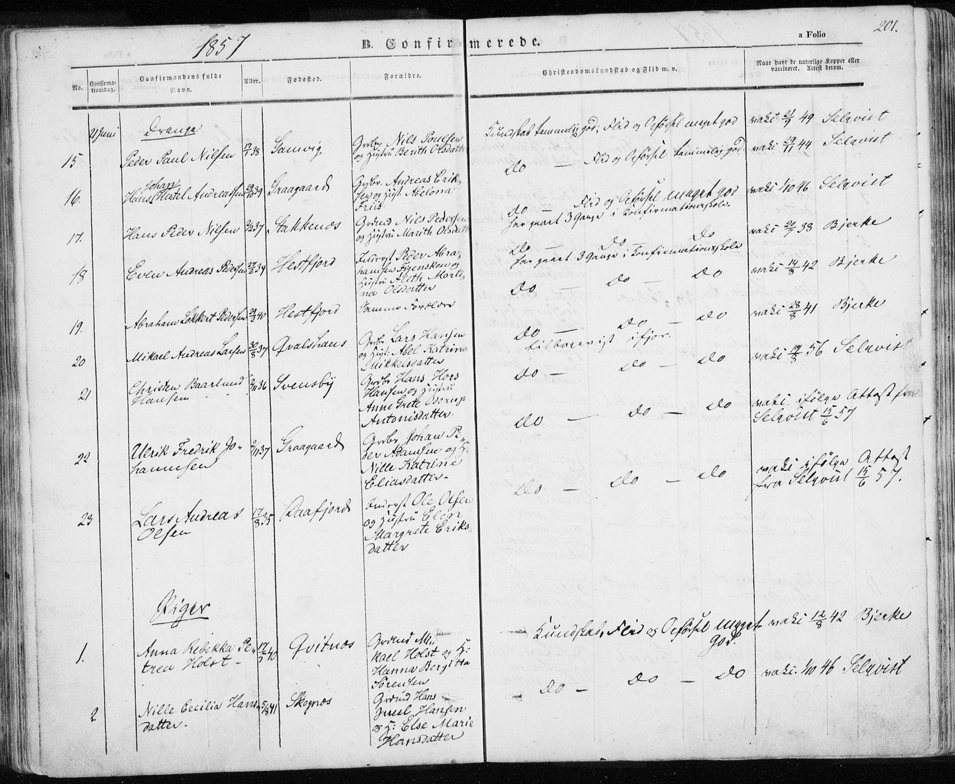 Karlsøy sokneprestembete, AV/SATØ-S-1299/H/Ha/Haa/L0003kirke: Parish register (official) no. 3, 1843-1860, p. 201