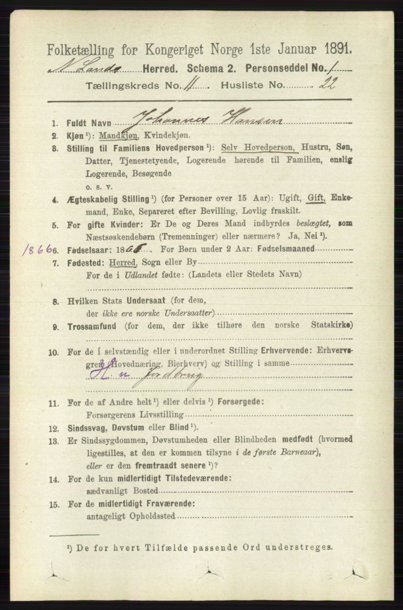 RA, 1891 census for 0538 Nordre Land, 1891, p. 3149