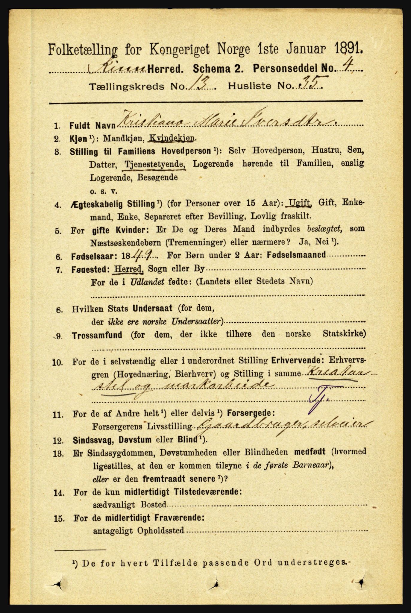 RA, 1891 census for 1437 Kinn, 1891, p. 5298