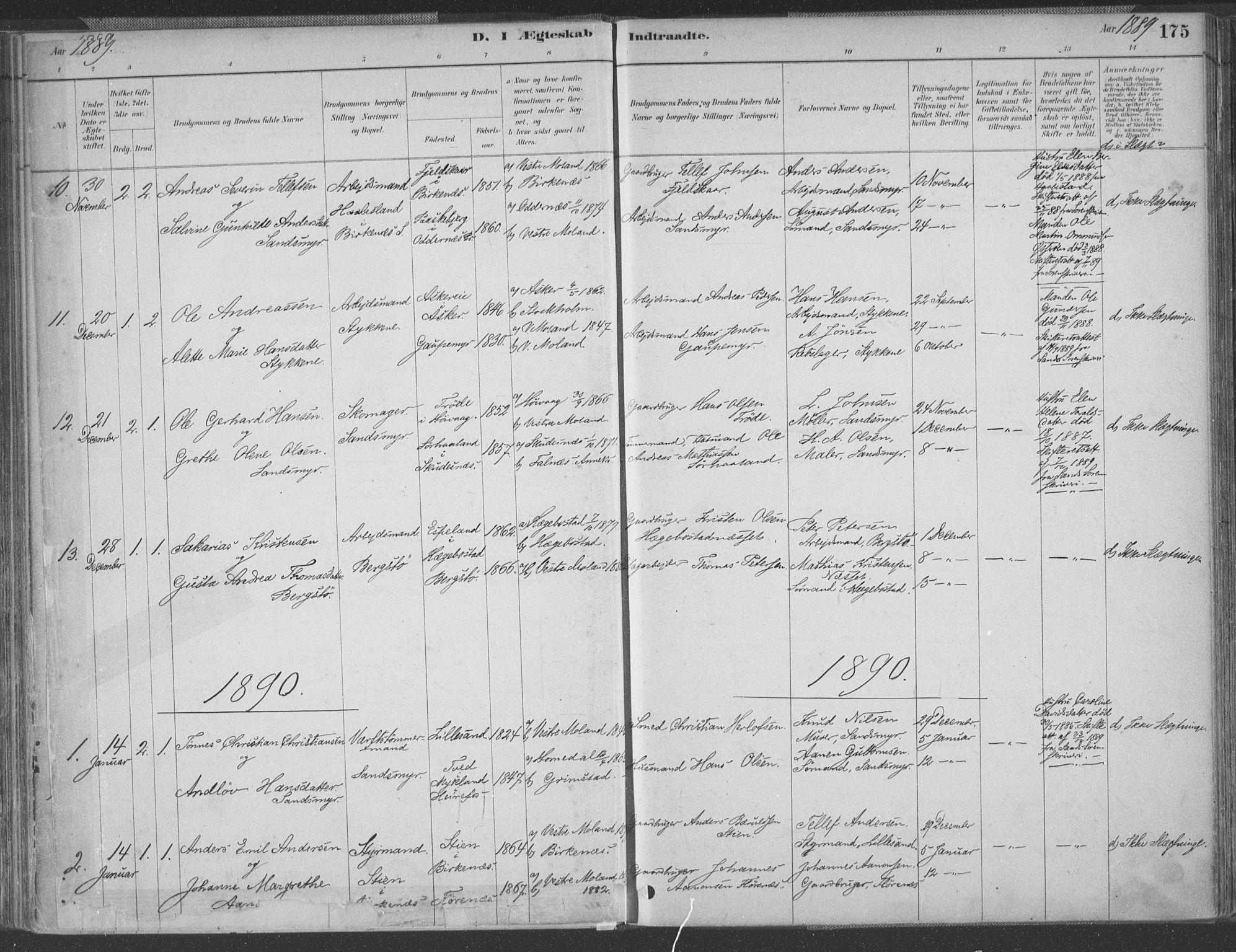 Vestre Moland sokneprestkontor, SAK/1111-0046/F/Fa/Fab/L0009: Parish register (official) no. A 9, 1884-1899, p. 175
