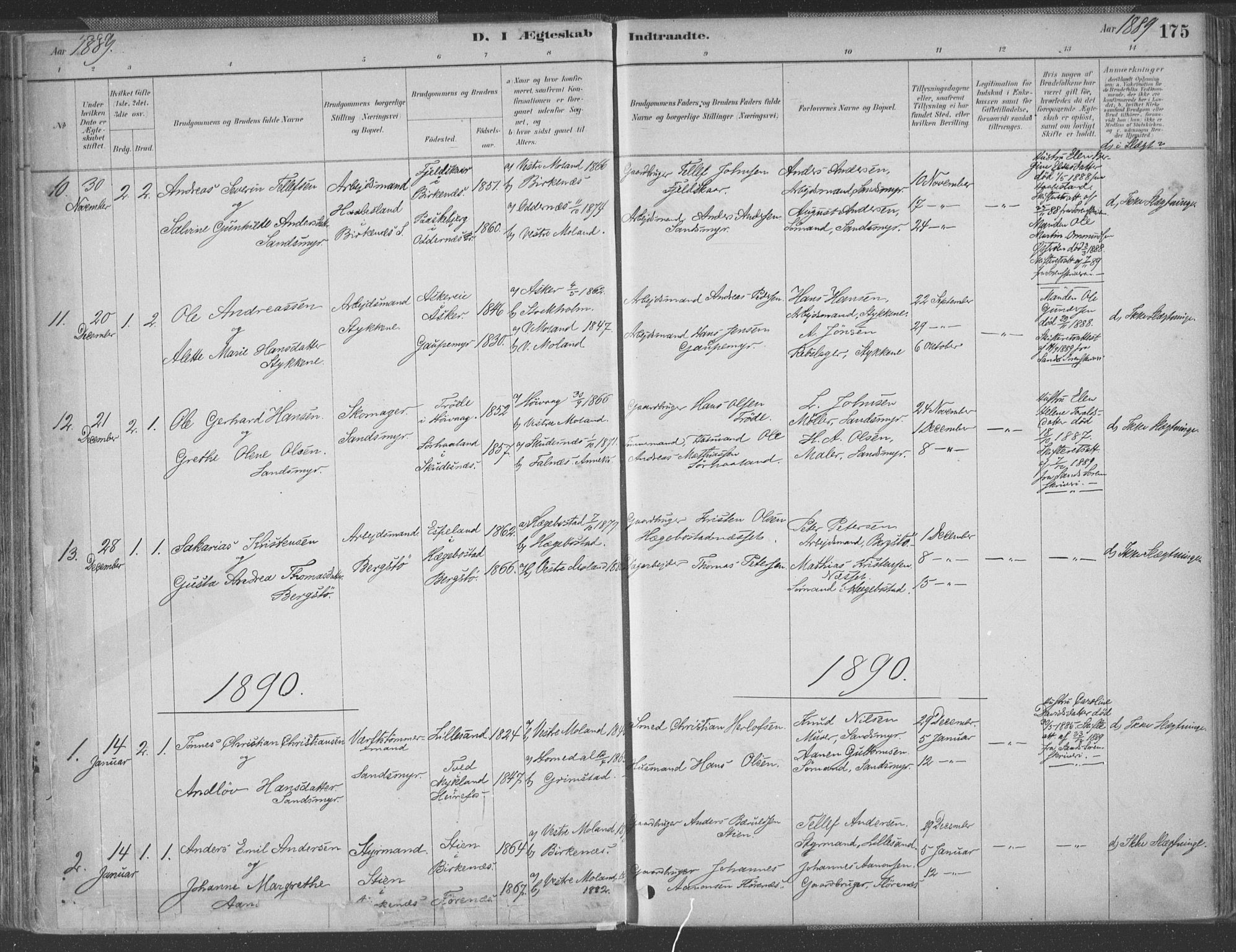 Vestre Moland sokneprestkontor, AV/SAK-1111-0046/F/Fa/Fab/L0009: Parish register (official) no. A 9, 1884-1899, p. 175