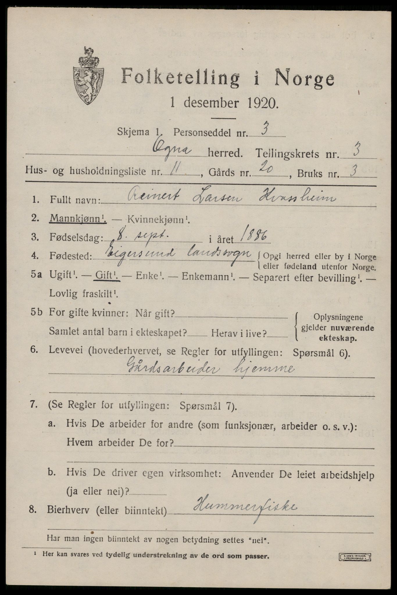 SAST, 1920 census for Ogna, 1920, p. 1885