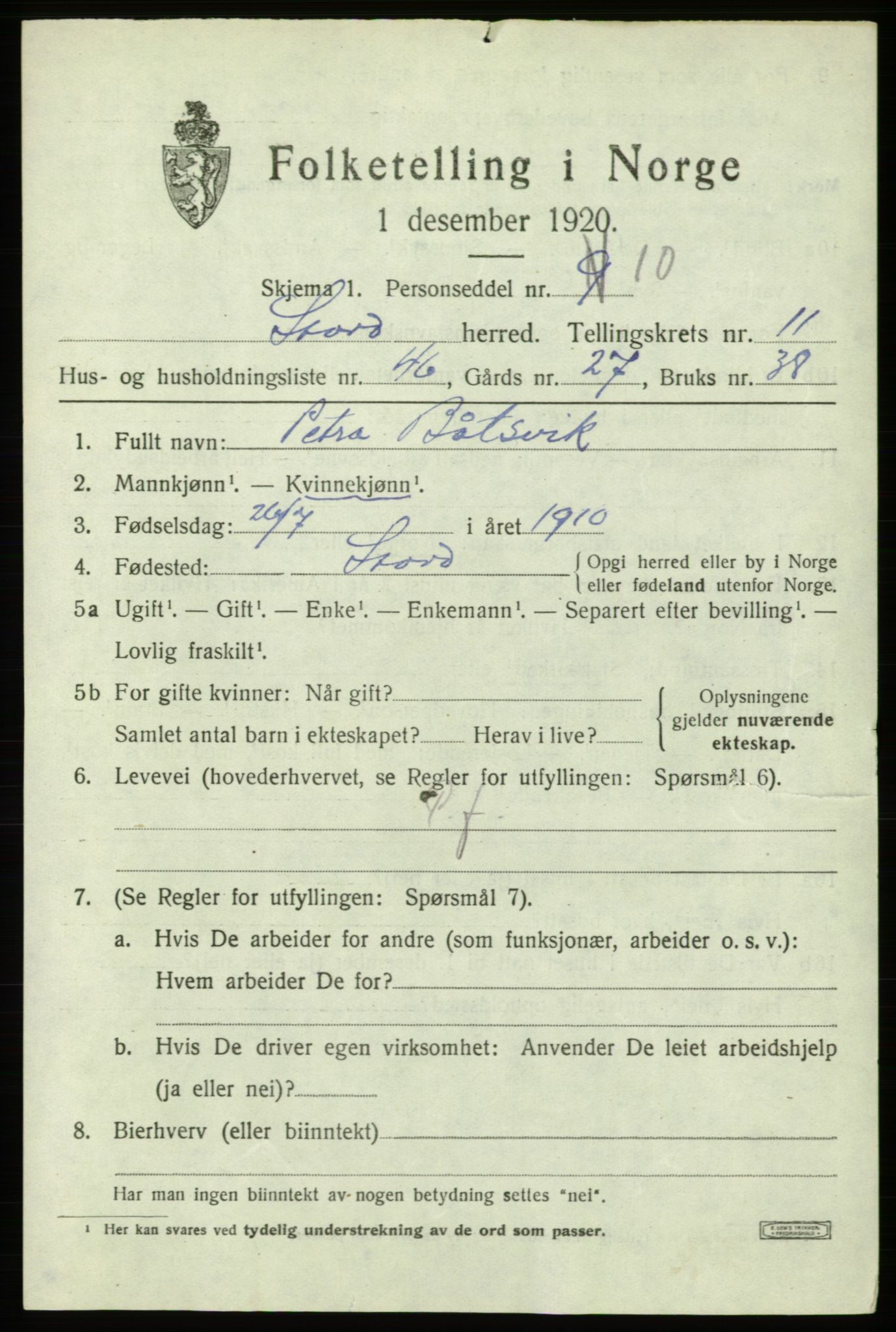 SAB, 1920 census for Stord, 1920, p. 6993