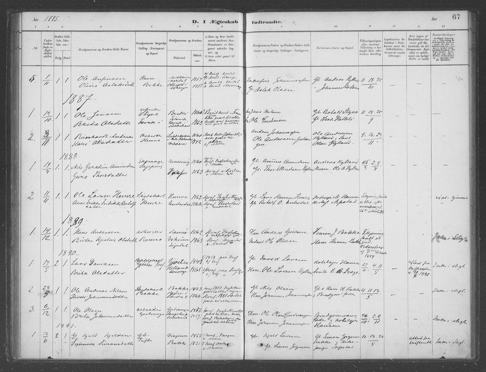 Aurland sokneprestembete, SAB/A-99937/H/Ha/Had/L0001: Parish register (official) no. D  1, 1880-1903, p. 67