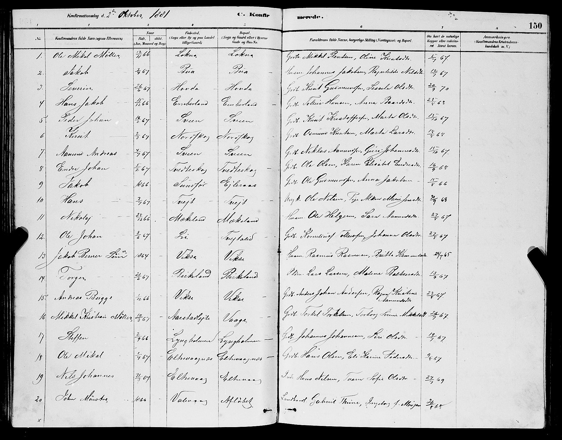 Sveio Sokneprestembete, SAB/A-78501/H/Hab: Parish register (copy) no. A 3, 1878-1896, p. 150