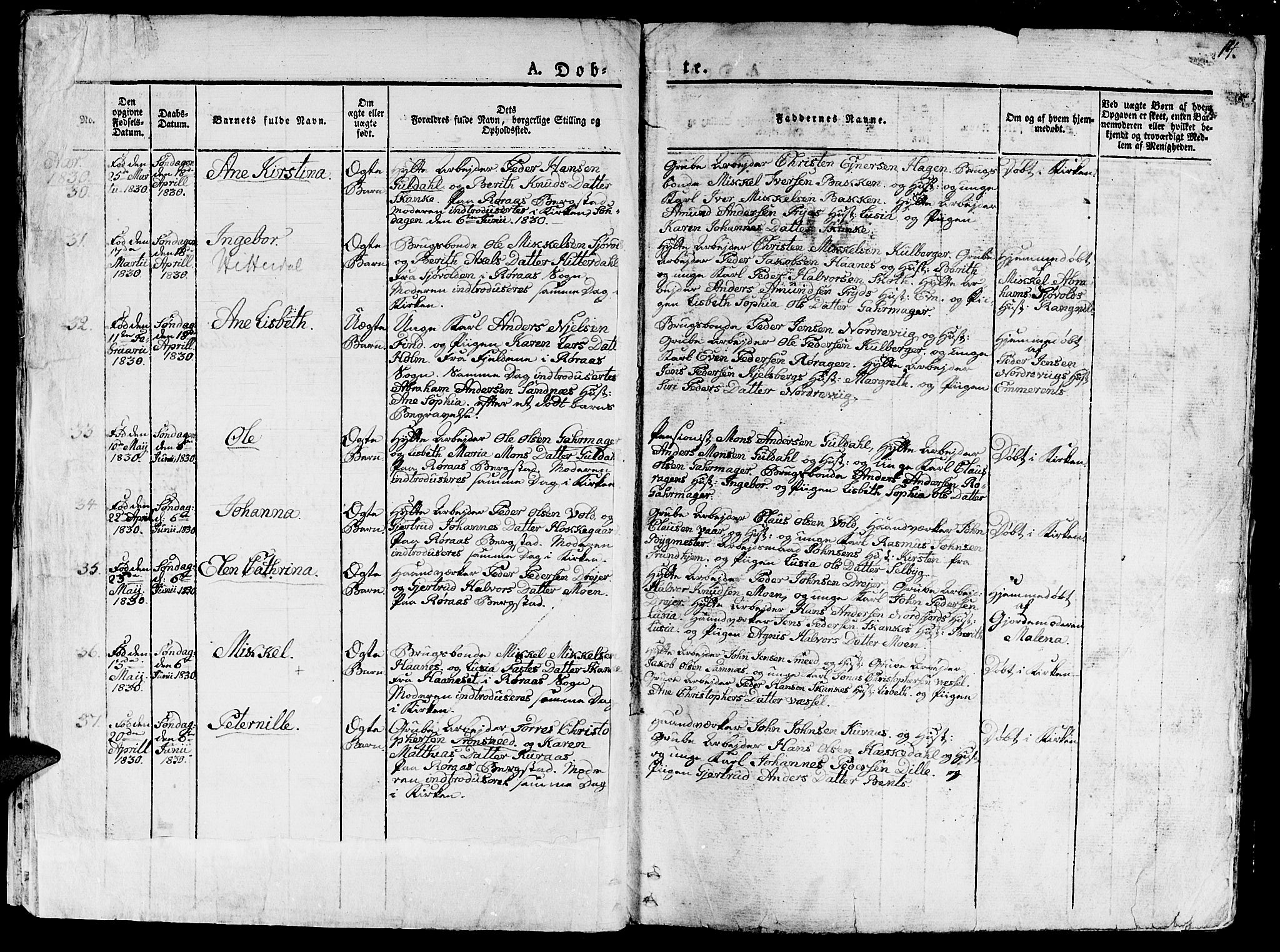 Ministerialprotokoller, klokkerbøker og fødselsregistre - Sør-Trøndelag, AV/SAT-A-1456/681/L0938: Parish register (copy) no. 681C02, 1829-1879, p. 14