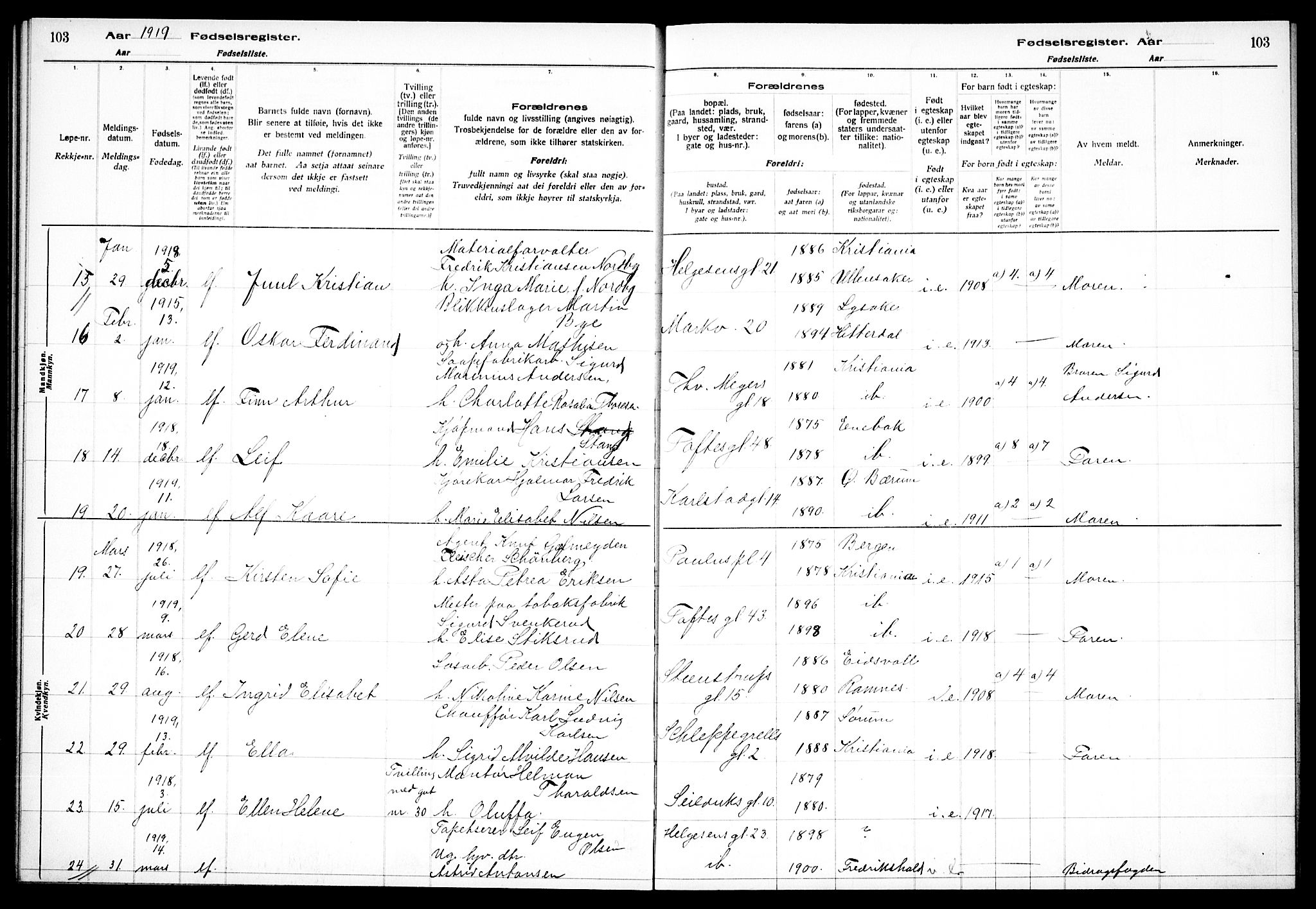 Paulus prestekontor Kirkebøker, AV/SAO-A-10871/J/Ja/L0001: Birth register no. 1, 1916-1923, p. 103