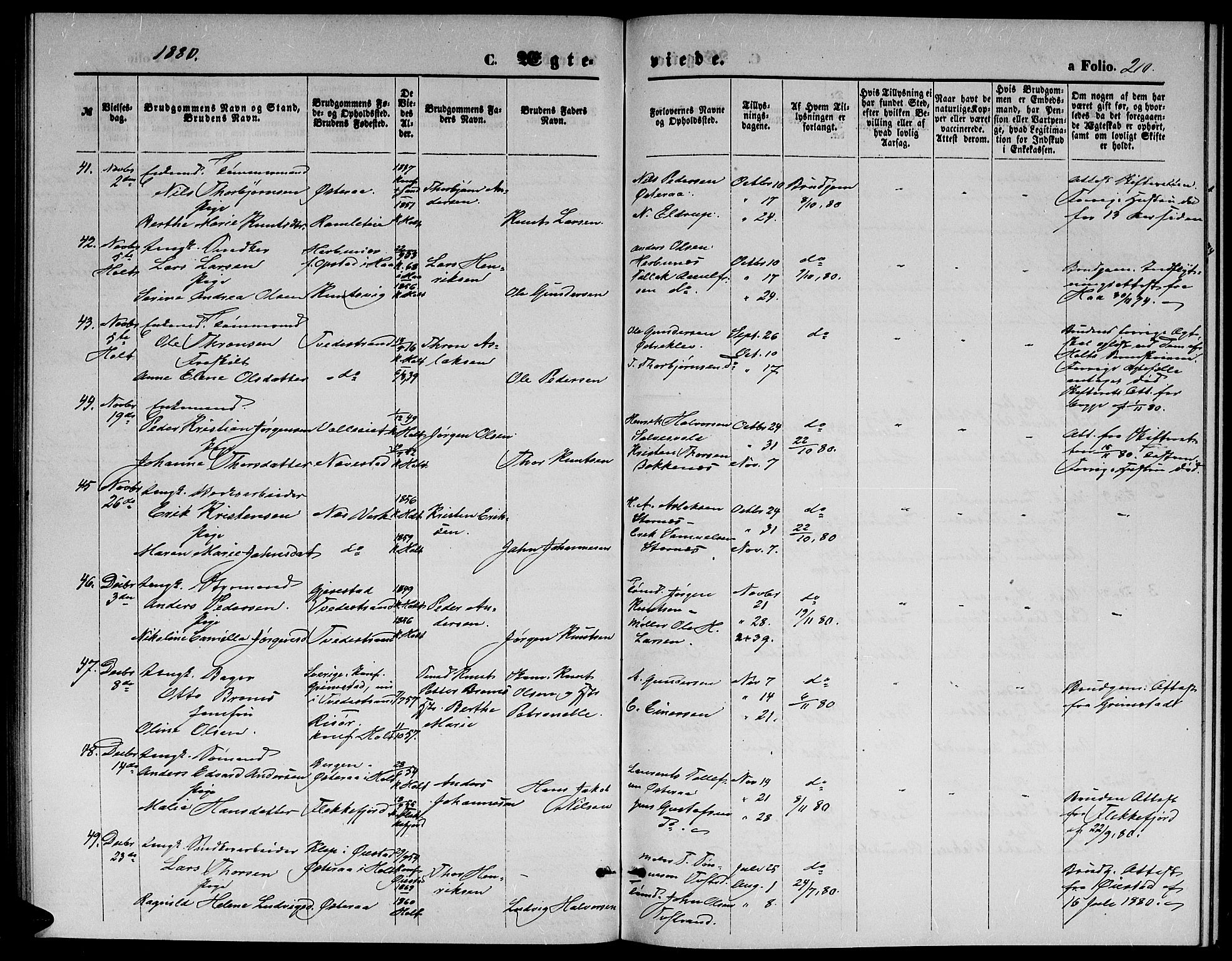 Holt sokneprestkontor, AV/SAK-1111-0021/F/Fb/L0009: Parish register (copy) no. B 9, 1871-1883, p. 210