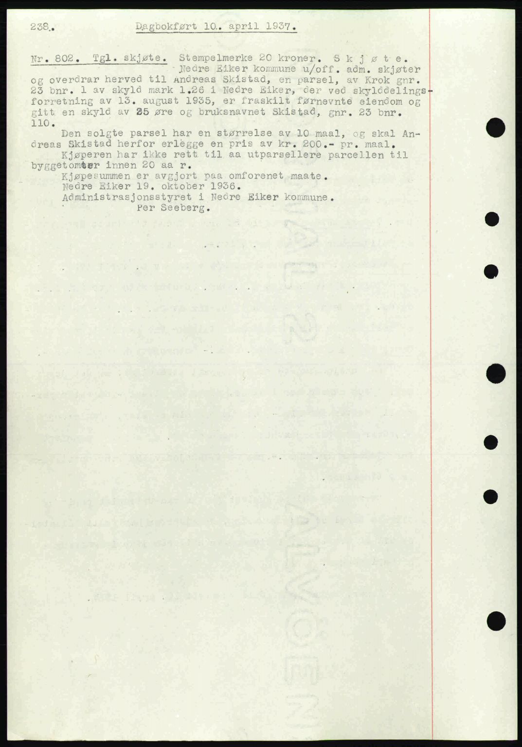 Eiker, Modum og Sigdal sorenskriveri, SAKO/A-123/G/Ga/Gab/L0035: Mortgage book no. A5, 1937-1937, Diary no: : 802/1937