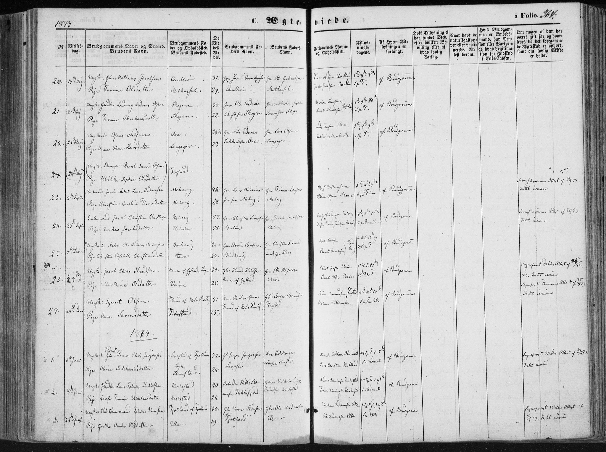 Lista sokneprestkontor, AV/SAK-1111-0027/F/Fa/L0011: Parish register (official) no. A 11, 1861-1878, p. 364