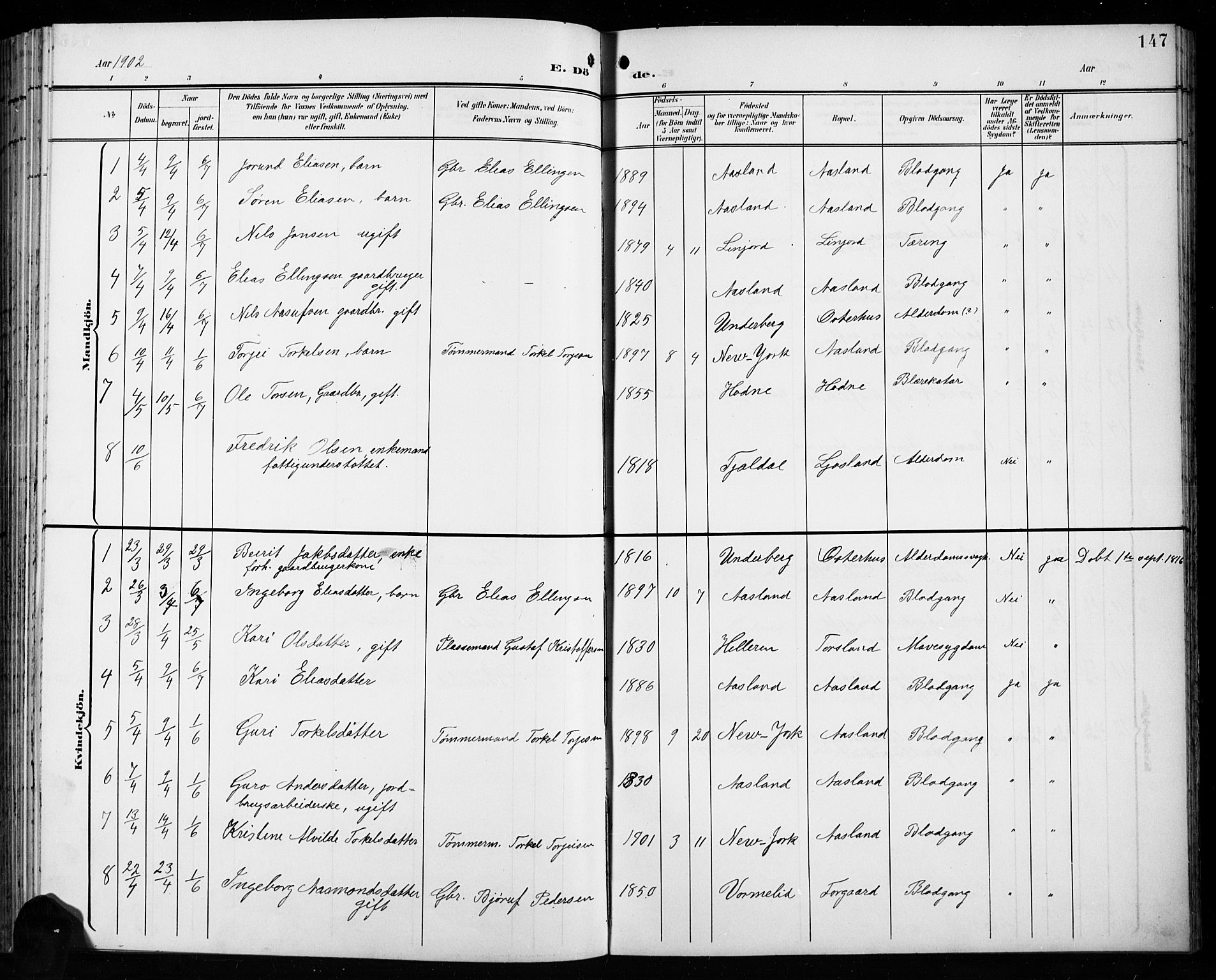 Åseral sokneprestkontor, AV/SAK-1111-0051/F/Fb/L0003: Parish register (copy) no. B 3, 1900-1919, p. 147