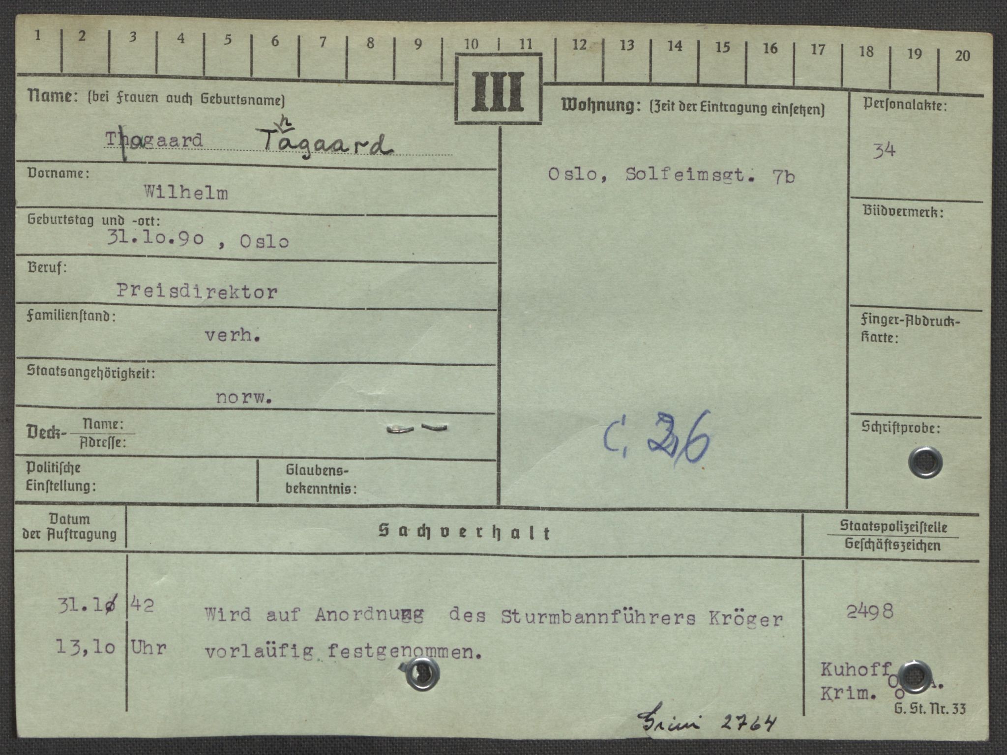 Befehlshaber der Sicherheitspolizei und des SD, RA/RAFA-5969/E/Ea/Eaa/L0010: Register over norske fanger i Møllergata 19: Sø-Å, 1940-1945, p. 116