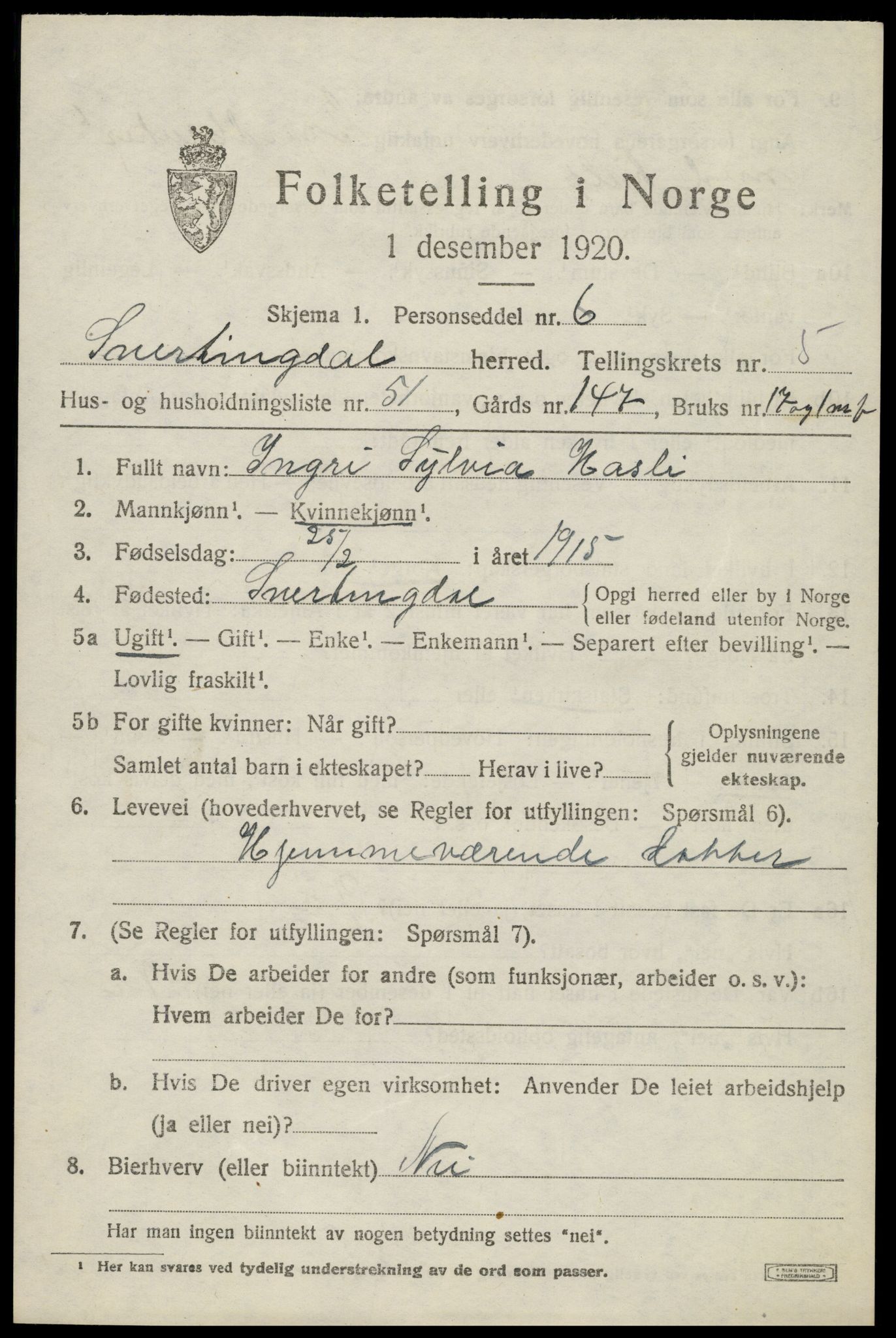 SAH, 1920 census for Snertingdal, 1920, p. 4869