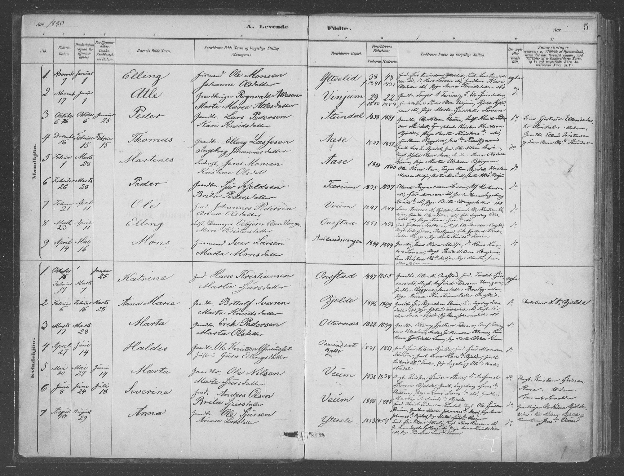 Aurland sokneprestembete, SAB/A-99937/H/Ha/Hab/L0001: Parish register (official) no. B  1, 1880-1909, p. 5