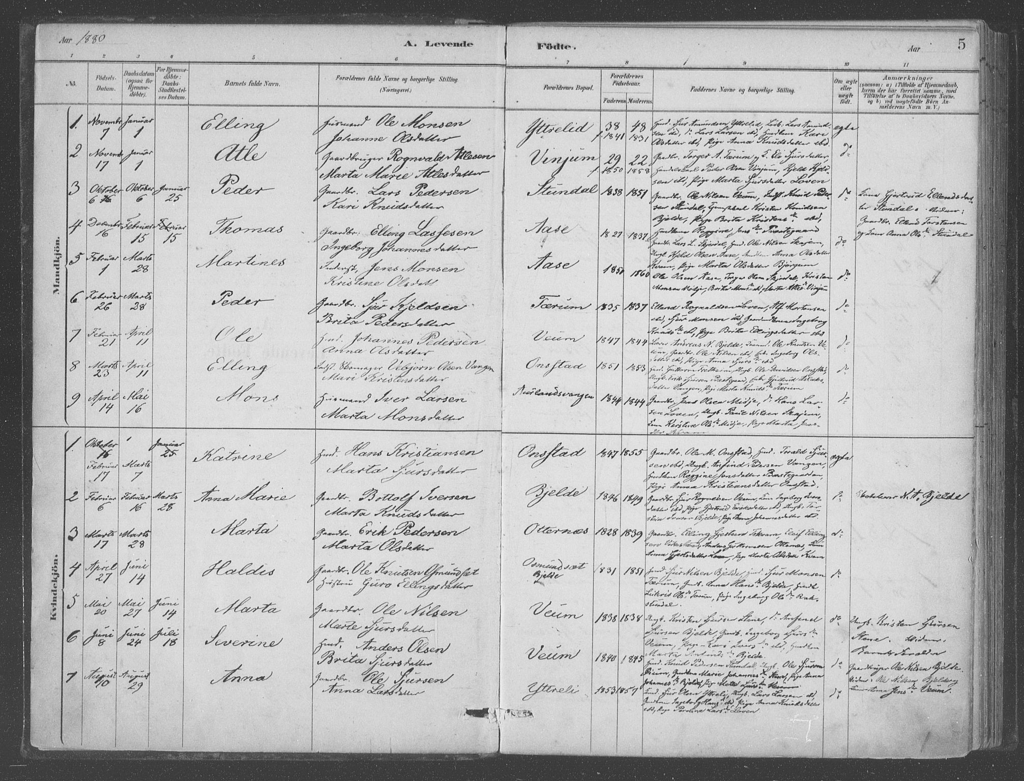 Aurland sokneprestembete, AV/SAB-A-99937/H/Ha/Hab/L0001: Parish register (official) no. B  1, 1880-1909, p. 5